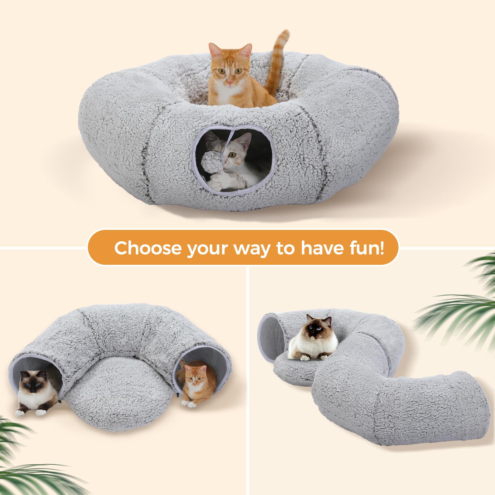 Pequlti Cat Tunnel With Bed For Indoor Cats, Cat Play Donut Tunnel With Washable Soft Plush Mat, Round Cat Tunnel Toys Cute Cat