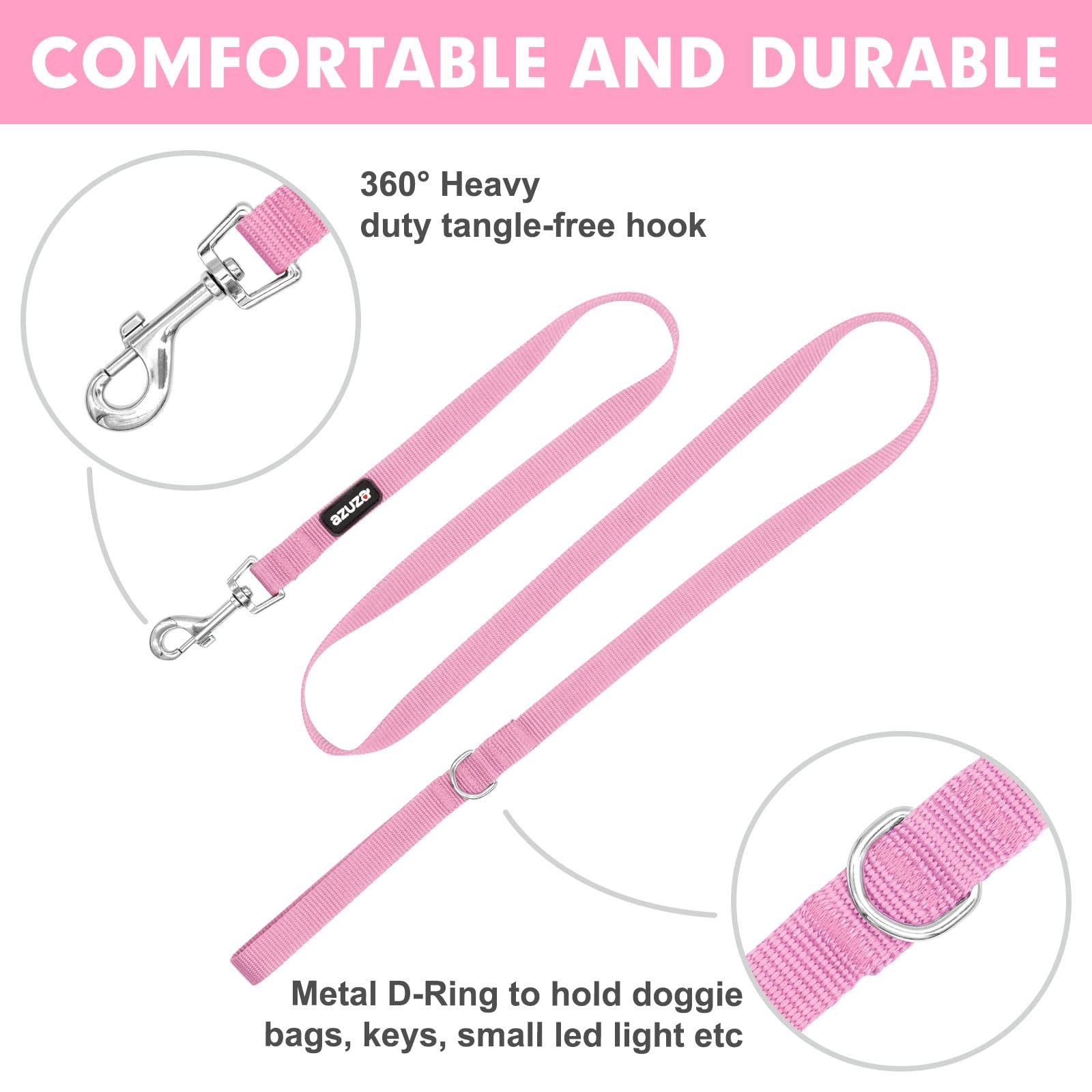 Azuza Nylon Dog Collar And Leash Set, Strong & Durable Basic Style Leash With Easy To Use Collar Hook, Available In Multiple Lengths For Small Dogs, Pink,S