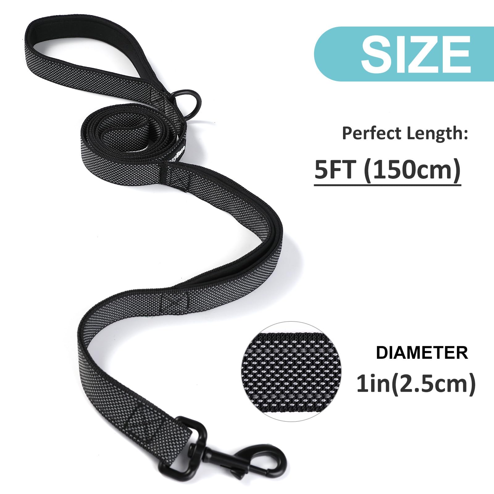 Easyease Dog Leash With 2 Comfortable Soft Padded Handles 5Ft Black Reflective Heavy Duty Pet Dog Walking Leashes Durable Dog Tr