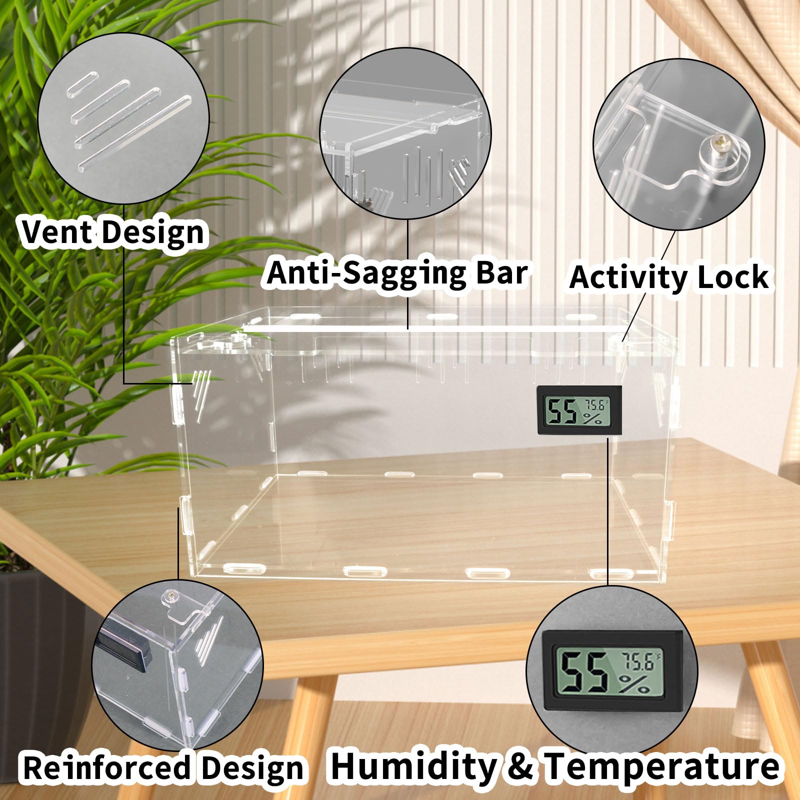 Reptile Terrariums, With Temperature Hygrometer, 15.7''X9.9''X7.1''Acrylic Reptile Breeding Box Terrarium Cage Tank For Small Re