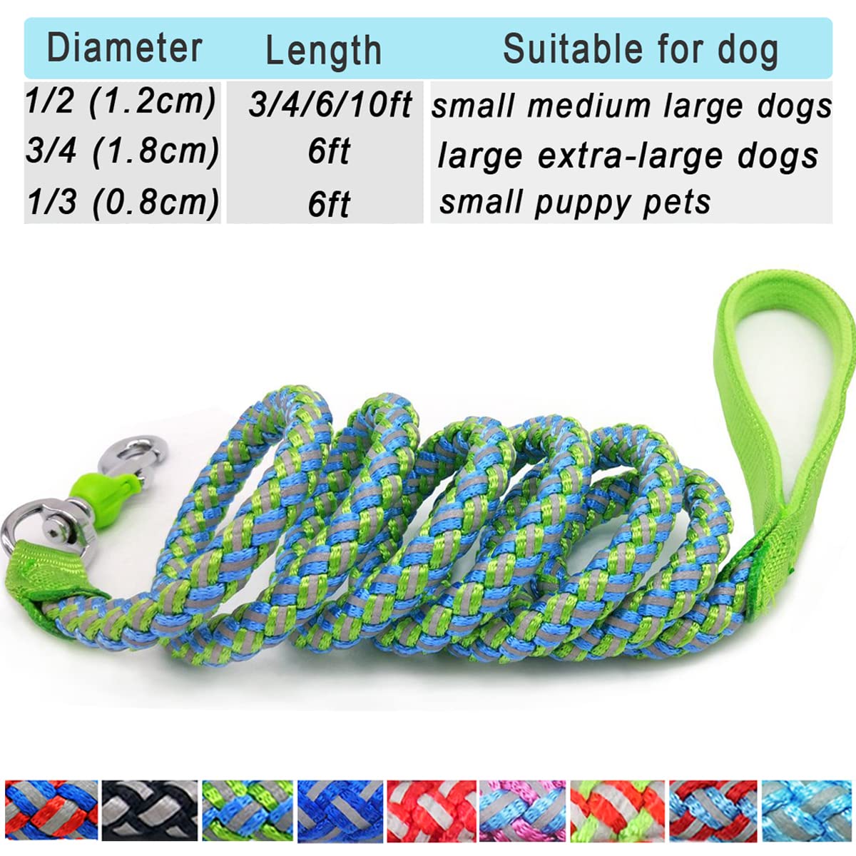 Mycicy Reflective Rope Leash Large Dog Leash Strong Braided Heavy Duty Soft Padded Handle Dog Leash For Ex-Large Large Dogs Training Walking Leads (3/4Inch- 6Ft-Green)