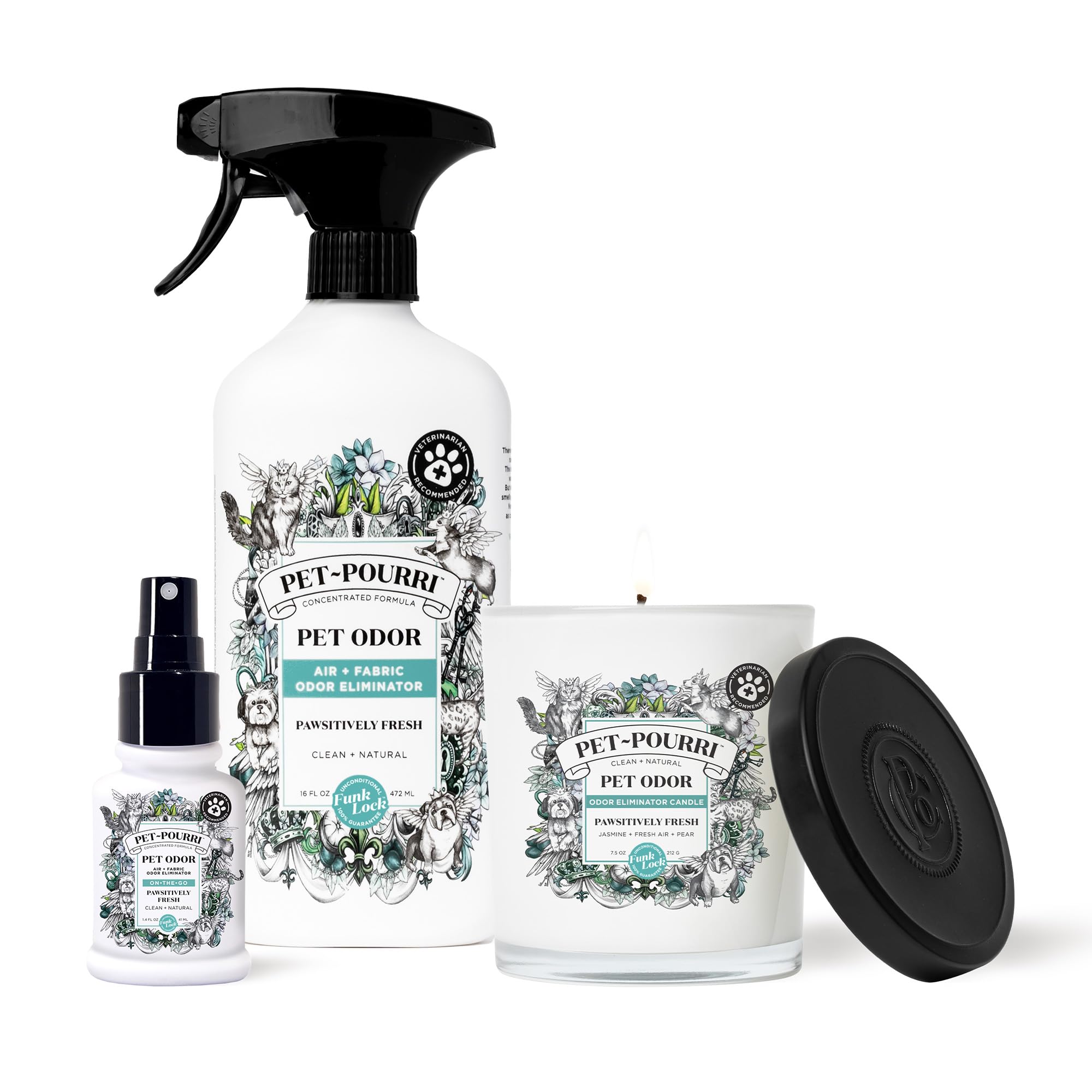 Pet-Pourri Pawsitively Fresh Pet Odor Freshener Bundle - 16 Fl Oz Air + Fabric Spray, 7.5 Oz Candle Jasmine, Fresh Air And Pear