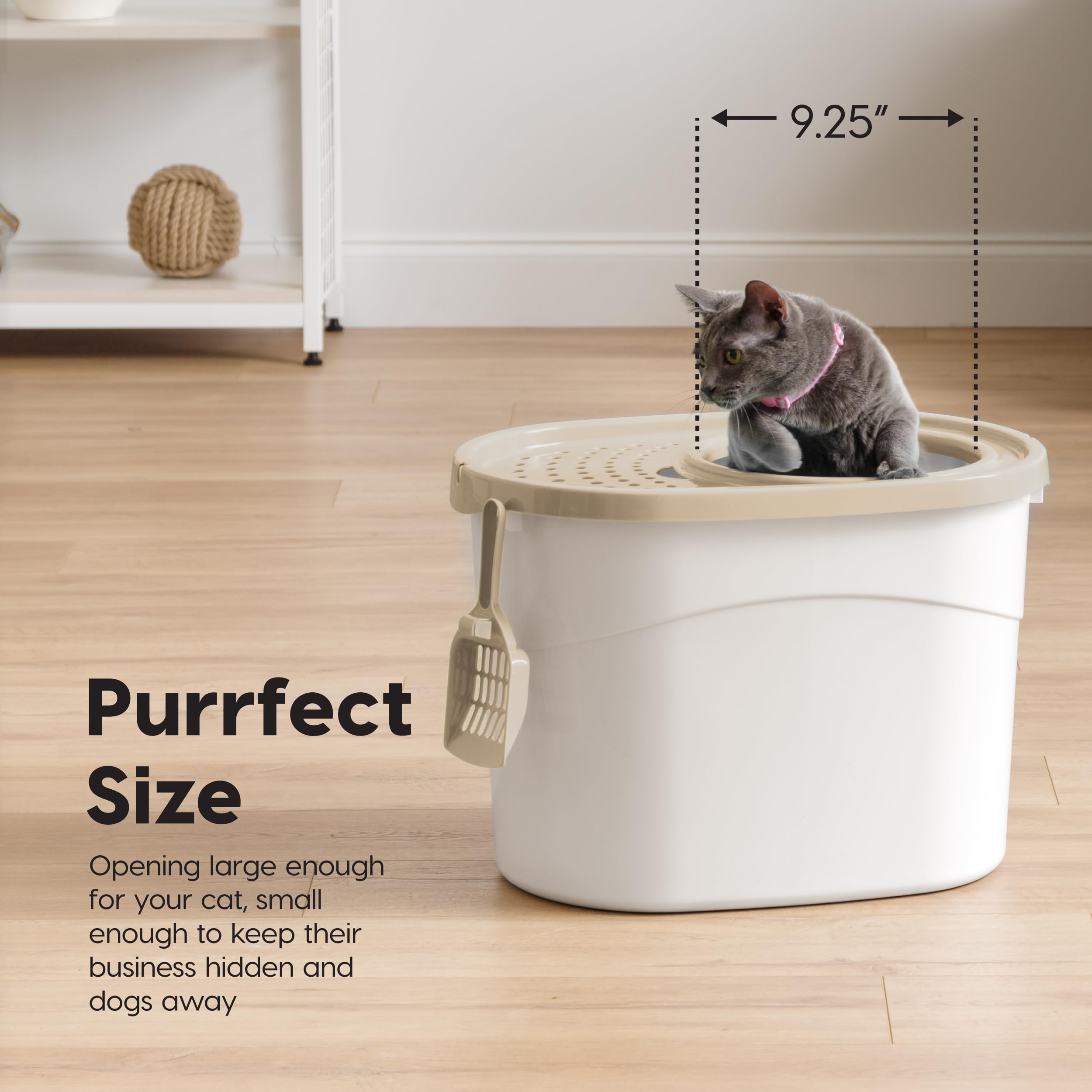 Iris Usa Cat Litter Box, Large Top Entry With Litter Catching Lid And Scoop, Dog Proof, Enclosed Cat Litter Box, White/Beige