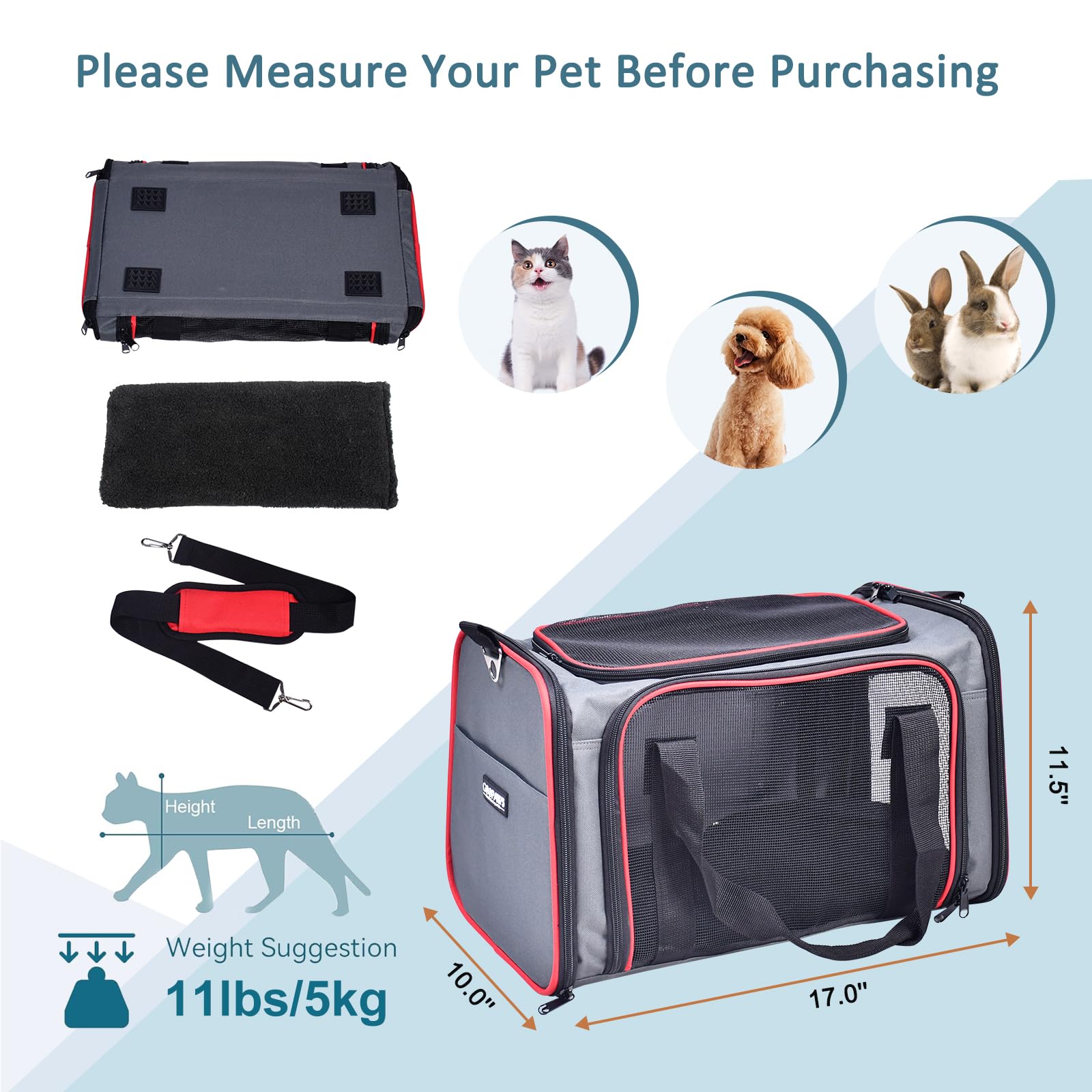 GOOPAWS Soft-Sided Kennel Pet Carrier for Small Dogs & Cats, Medium 17"x10"x11.5", Grey/Red, Airline Approved, Nylon, Model PTC