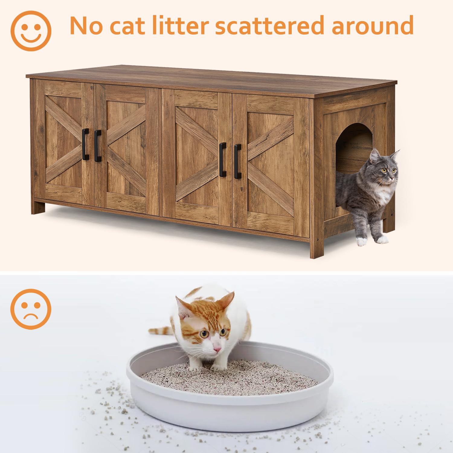 Homhedy Cat Litter Box Enclosure For 2 Cats, Wooden Pet Washroom Furniture With Double Room, Cat House, 47.2   L X 19.7   W X 19