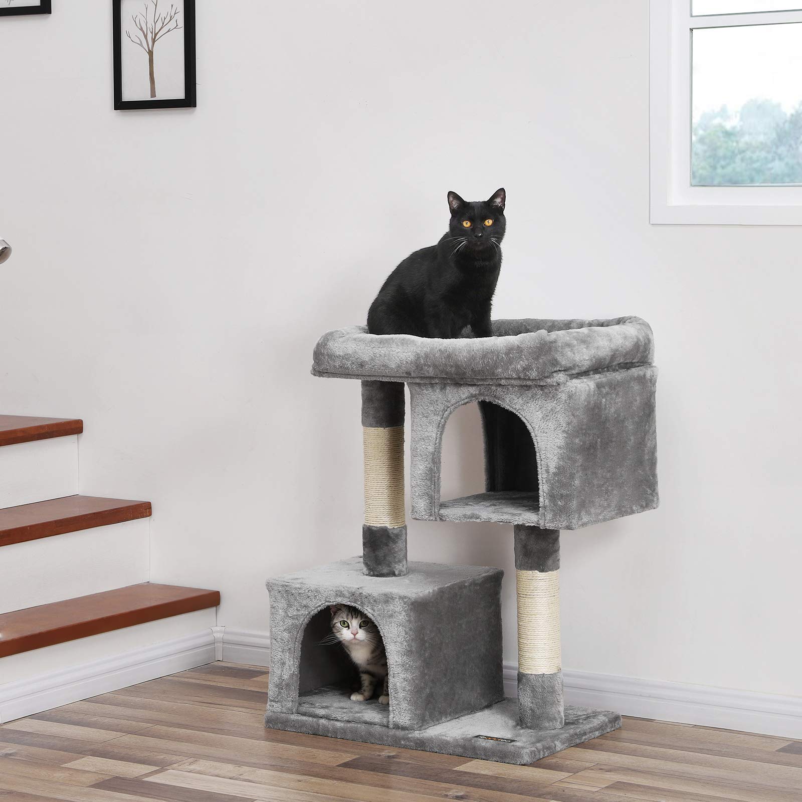 Feandrea Cat Tree, 33.1-Inch Cat Tower, L, Cat Condo For Large Cats Up To 16 Lb, Large Cat Perch, 2 Cat Caves, Scratching Post, Light Gray Upct61W
