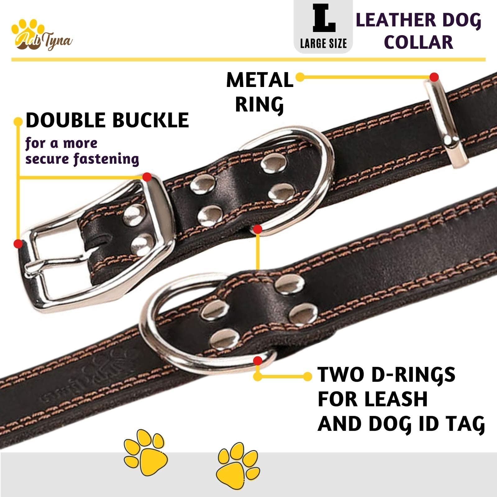 Adityna Heavy Duty Leather Dog Collar For Large Dogs - Black Large Dog Collar - Soft And Strong, 100% Genuine Leather (Large, Black)