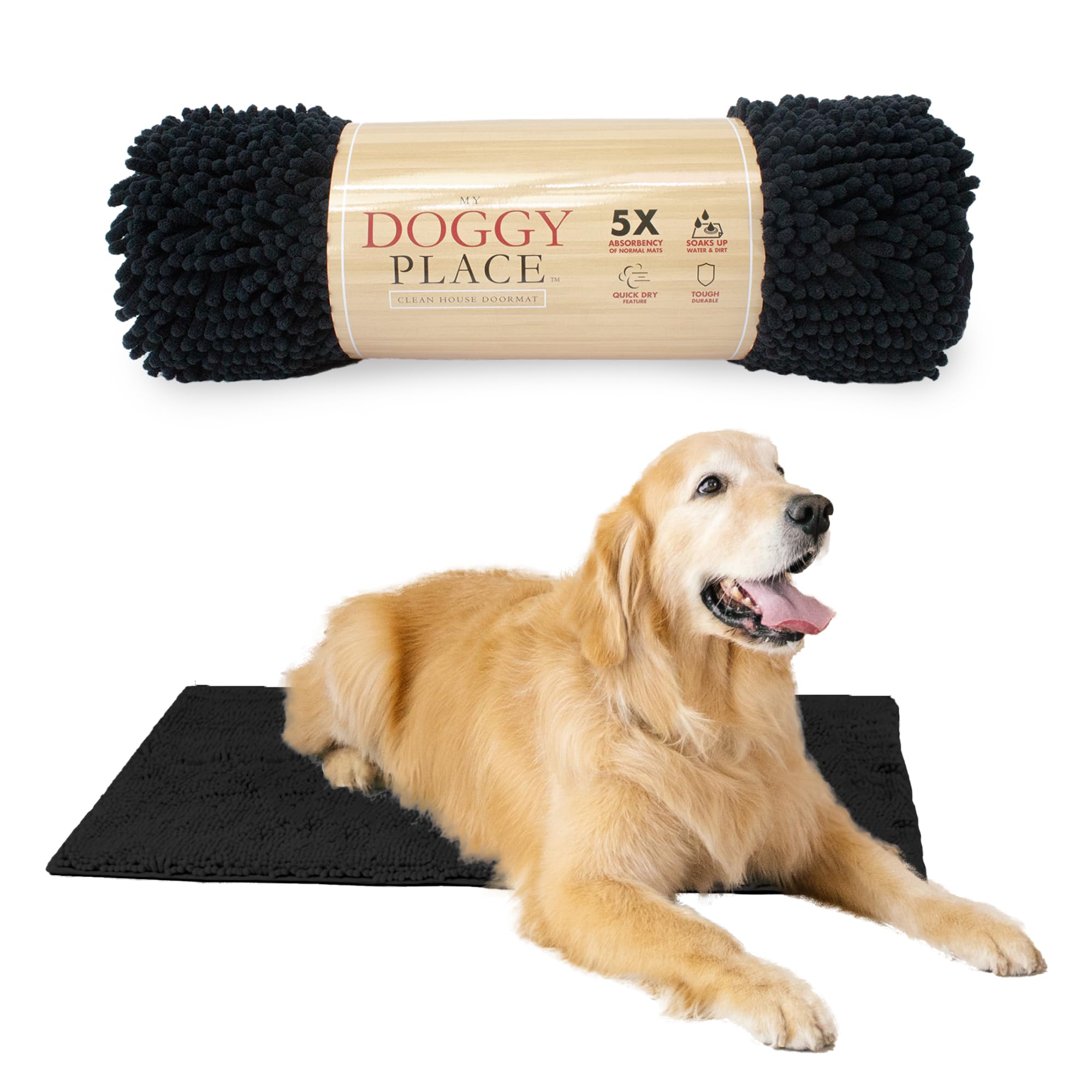 My Doggy Place Microfiber Dog Mat for Muddy Paws, 36 x 26 Black - Absorbent and Quick-Drying Dog Paw Cleaning Mat, Washer and Dr