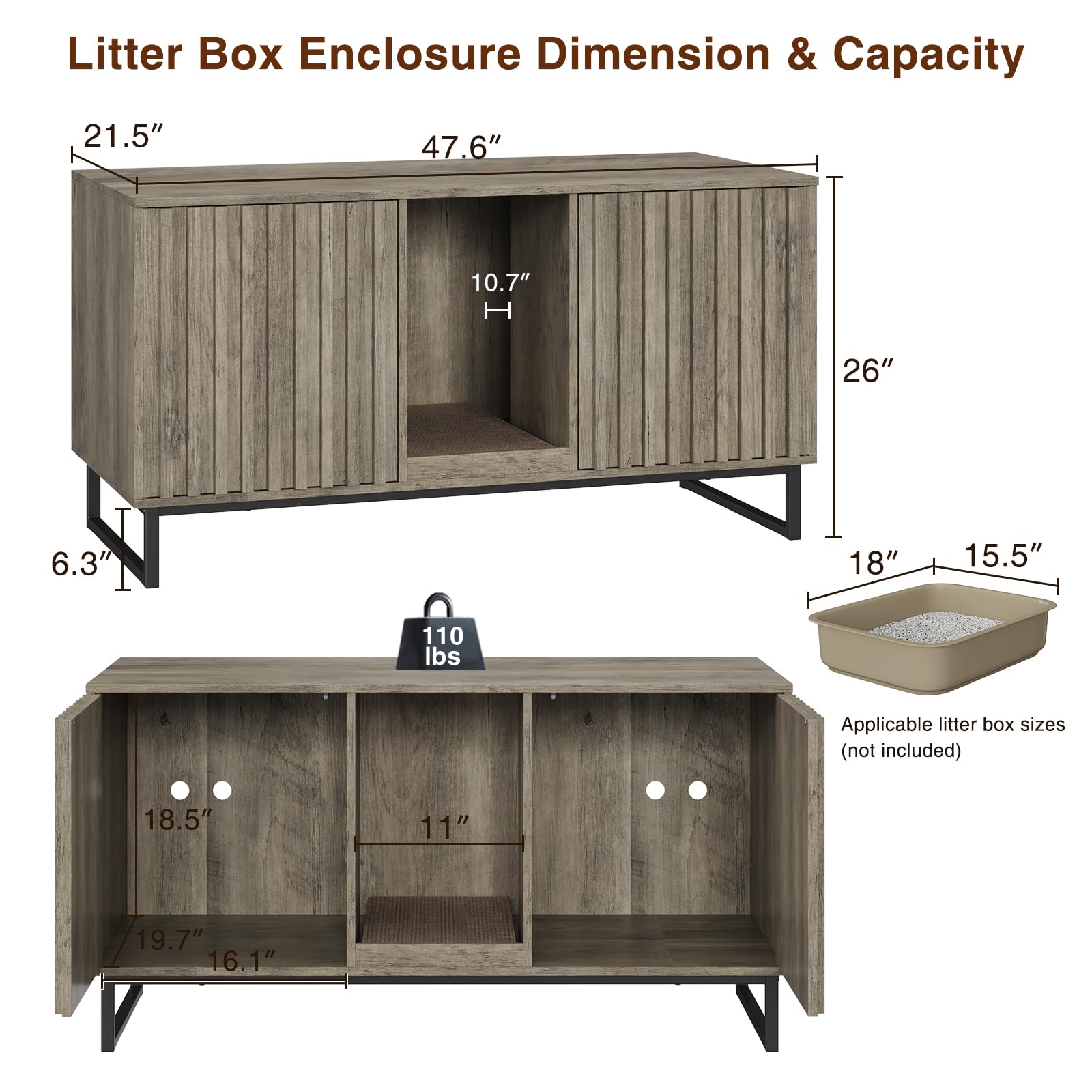 Cat Litter Box Enclosure For 2 Cats, 47.6 Litter Box Furniture Hidden With Scratch Pad, Double Room Large Cat Cabinet, Indoor Pe