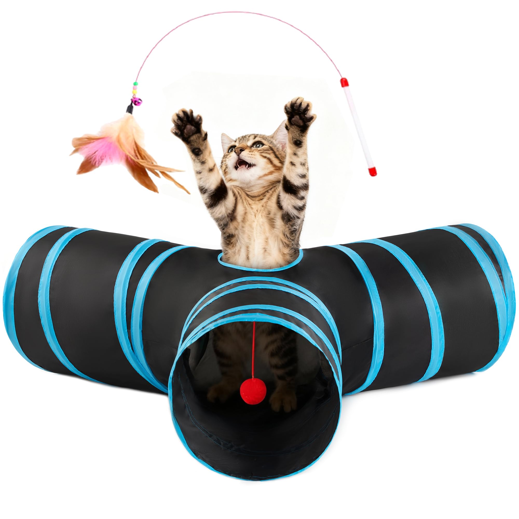 Loves Cabin Cat Tunnel for Indoor Cats, 3-Way Collapsible Play Tunnel with Teaser Wand, Peek Holes & Toy Ball, Small Pet Toy for