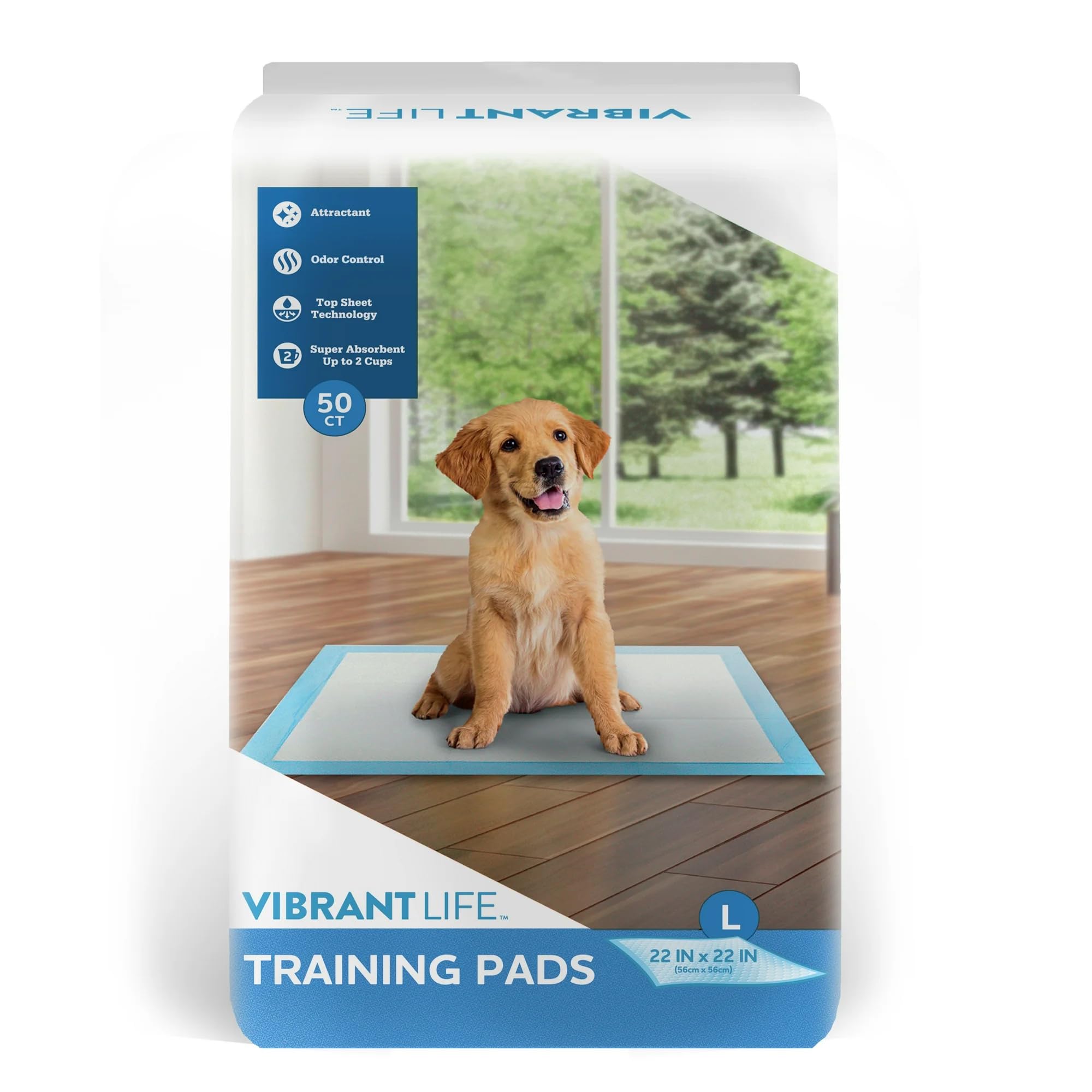 Vibrant Life Large Dog & Puppy Training Pads, 22 in x 22 in, Absorbent, Leak-Proof, Disposable, Odor Control, Built-in Attractan
