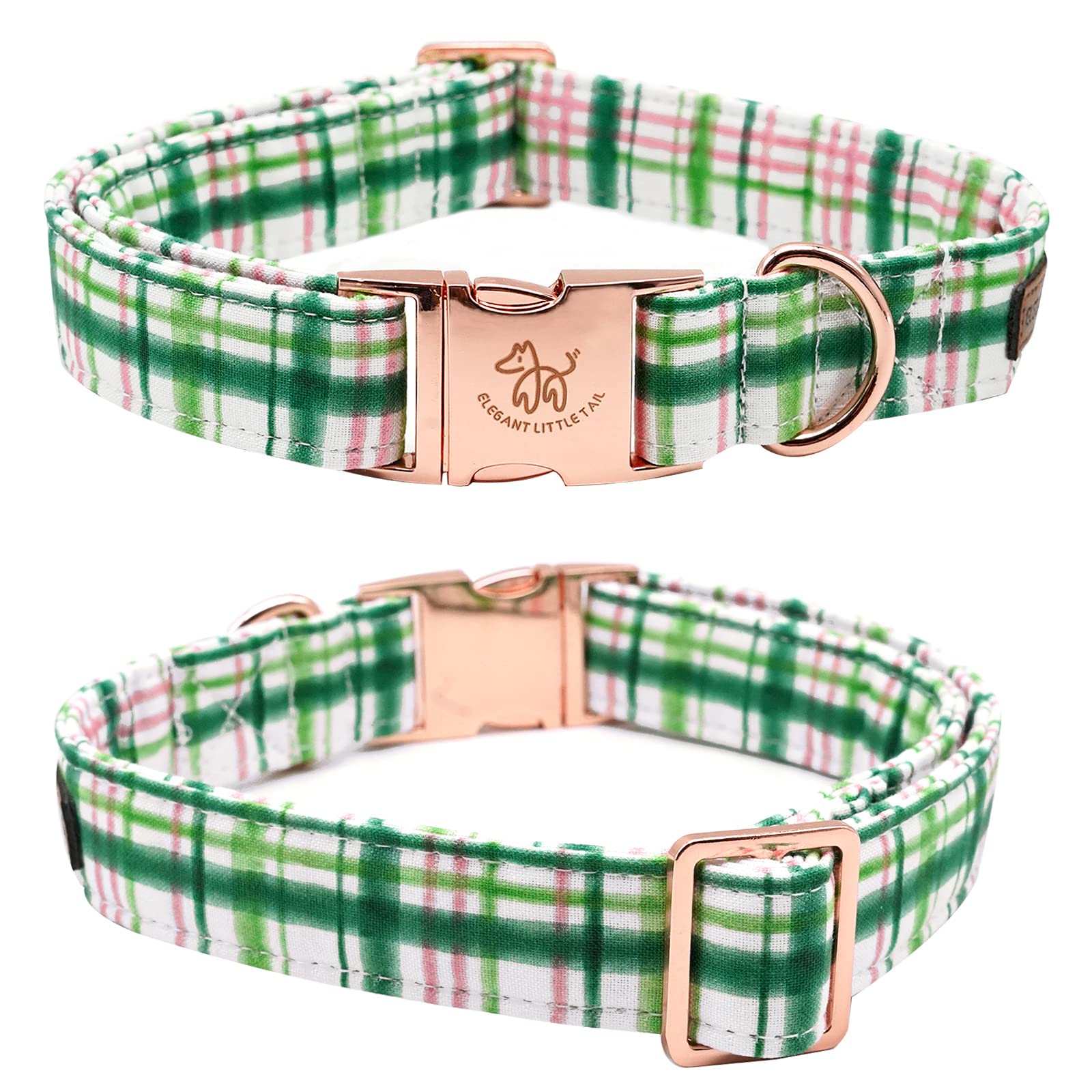 Elegant Little Tail Dog Collar With Bow - Pink With Green Plaid Boy Or Girl Dog Collar Cute Bowtie Pet Collar Adjustable Dog Col