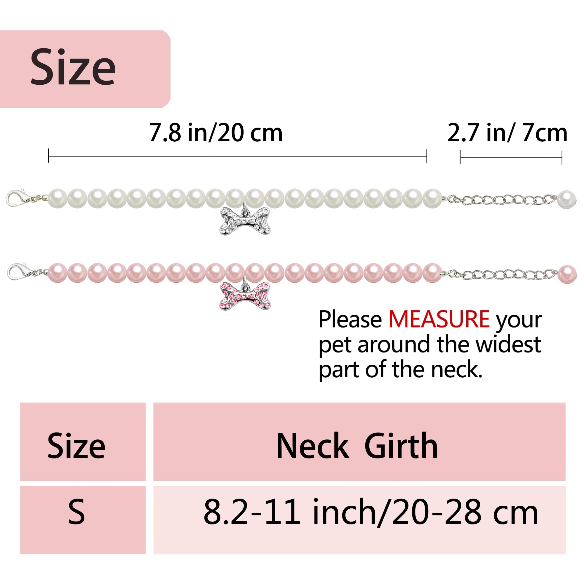 Casidoxi 2 Pcs Dog Cat Pearl Collar Necklace With Rhinestone Bone, Fancy Cat Wedding Collar Jewelry For Girl Cat Puppy Dogs Accessories(Pink+White)