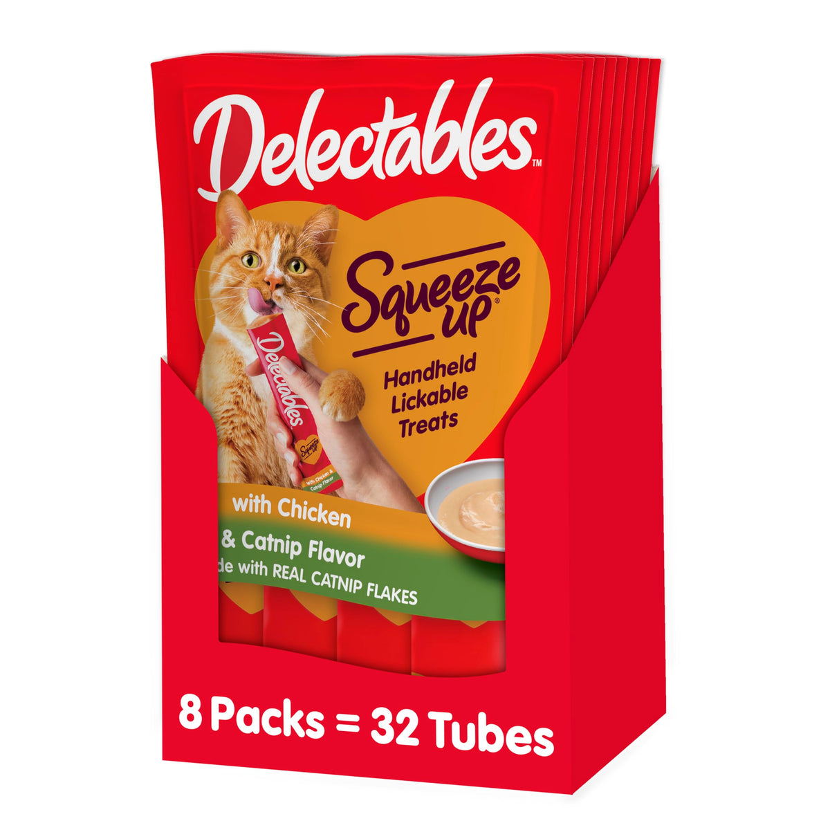 Delectables Squeeze Up Creamy Squeezable Puree, Lickable Wet Cat Treats, Grain Free, No Added Fillers, No By-Products, No Added Preservatives, 0.5 Ounces Tube Chicken With Catnip, 32 Tubes Total