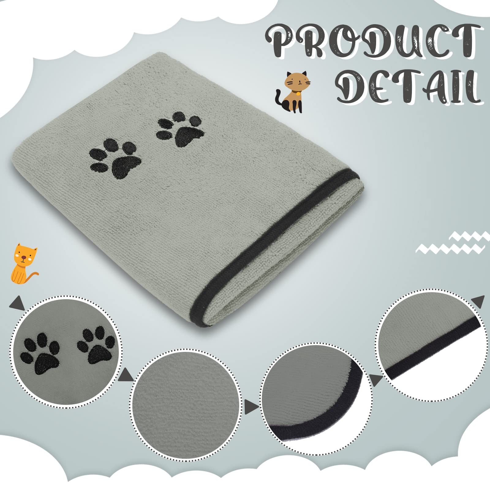 Tegeme 4 Pack Microfiber Dog Towels - Soft, Absorbent Pet Bath Towel for Dogs & Cats, Gray, 27.5 x 55 Inch, Embroidered Paw