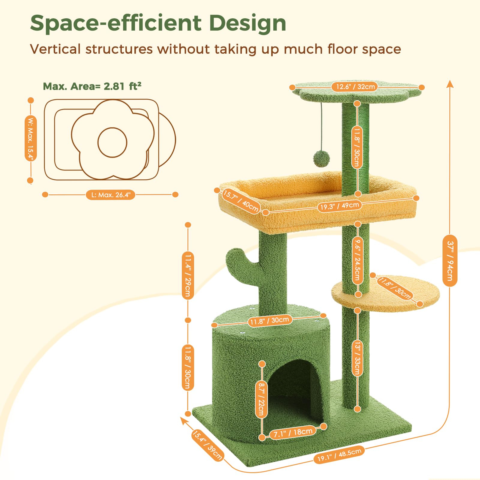 Made4Pets Cat Tree, 36.5 Inches Cat Tower For Indoor Cats, Multi-Level Cactus Cat Tree With Scratching Posts, Private Cat Condo,
