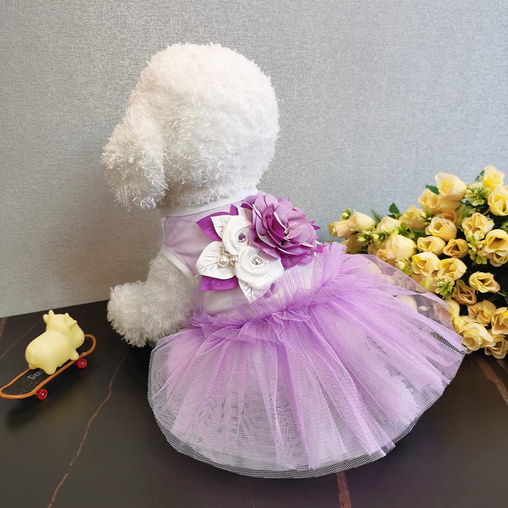 Wolyepor Princess Dog Dress Suspender Layered Tutu Gauze Dress Pleated Skirt For Dogs And Cats (X-Small, Flower Purple)