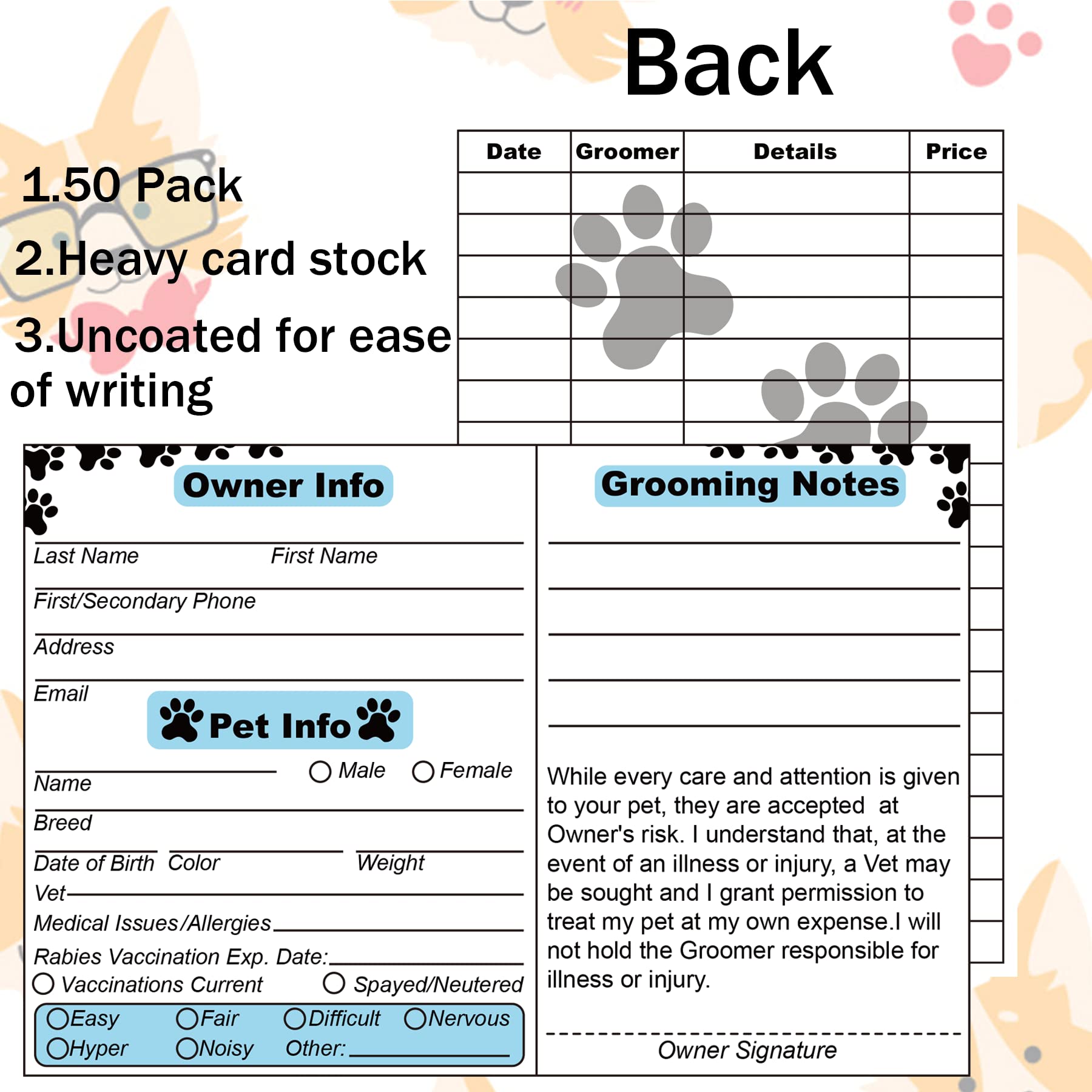 Cat Pet Dog Grooming Cards Groomer Information Check-In Cards For Pet Dog And Cat 4 X 6 Inch Groomer Client Profile Service Record Clip Card For Professional Pet And Cat Groomers, Kennel Care 50 Pack
