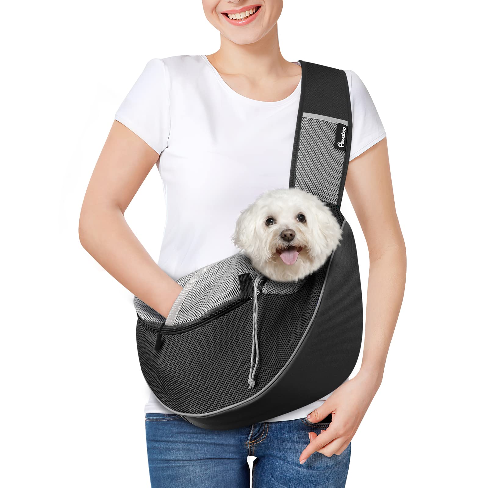 Pawaboo Dog Sling Carrier, Dog Papoose with Zipper Touch Pocket, Hand Free Breathable Mesh Puppy Carrier, Crossbody Satchel Dog 