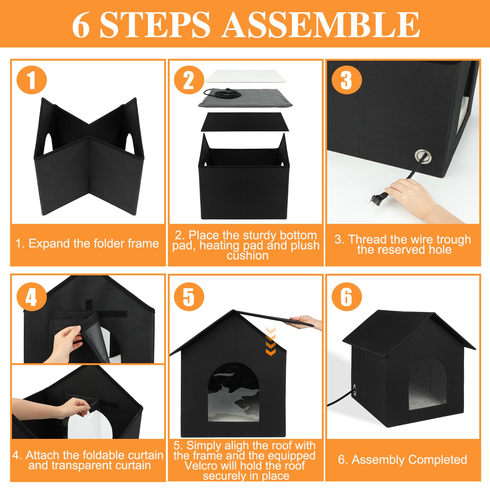 Large Heated Outdoor Cat House Double Door Heated Cat Shelter, Weatherproof Foldable Heat Kitty House With Cat Heating Pad Bed F