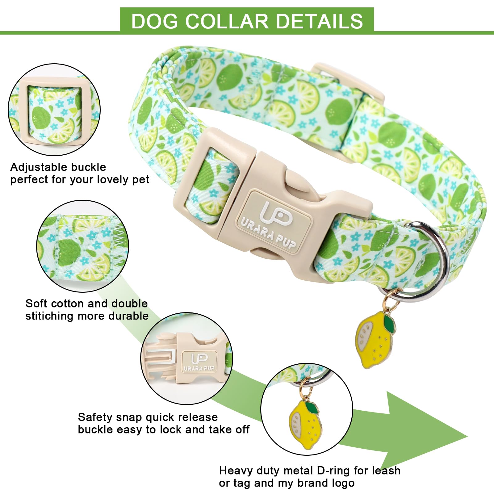 Up Urara Pup Summer Dog Collar-Refreshing Lime Pet Collars-Adjustable, Comfortable & Durable Puppy Collars For Small, Medium, La