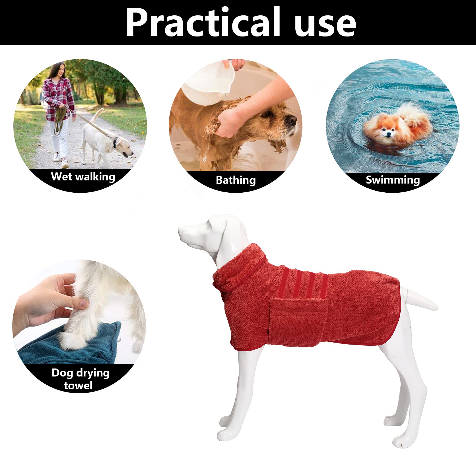 Geyecete Dog Bathrobe Towel Dog Drying Coat-Dry Fast Dog Bag-Pineapple Grid Fast Drying Super Absorbent Pet Dog Cat Bath Robe Towel-Red-Xxl