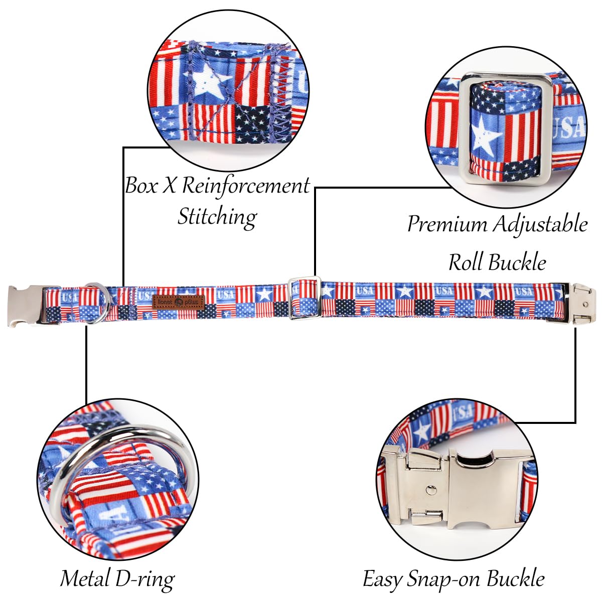 Lionet Paws 4Th Of July Dog Collar With Bowtie, Cute Summer Dog Collar For Girl For Medium Dogs, Adjustable Cotton Usa Flag Pet