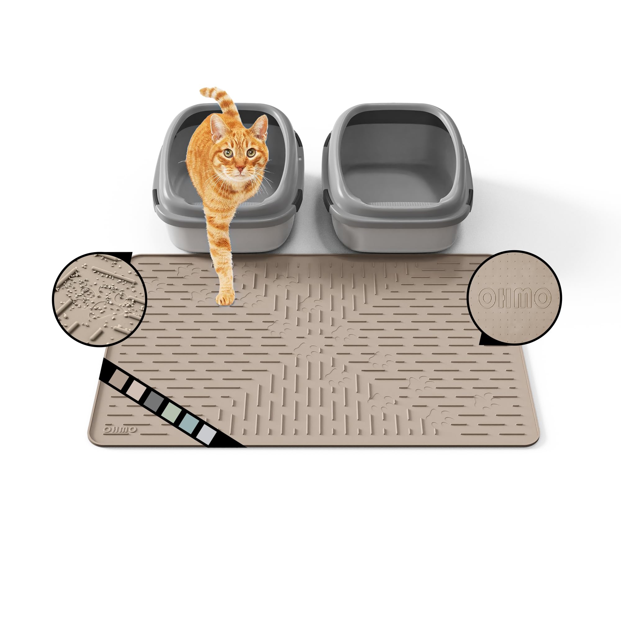 OHMO Cat Litter Mat Large Trapping Mat Premium Silicone Rubber 31.5x23.6 Beige,Waterproof and BPA Free Kitty Litter Box Mat, Eas