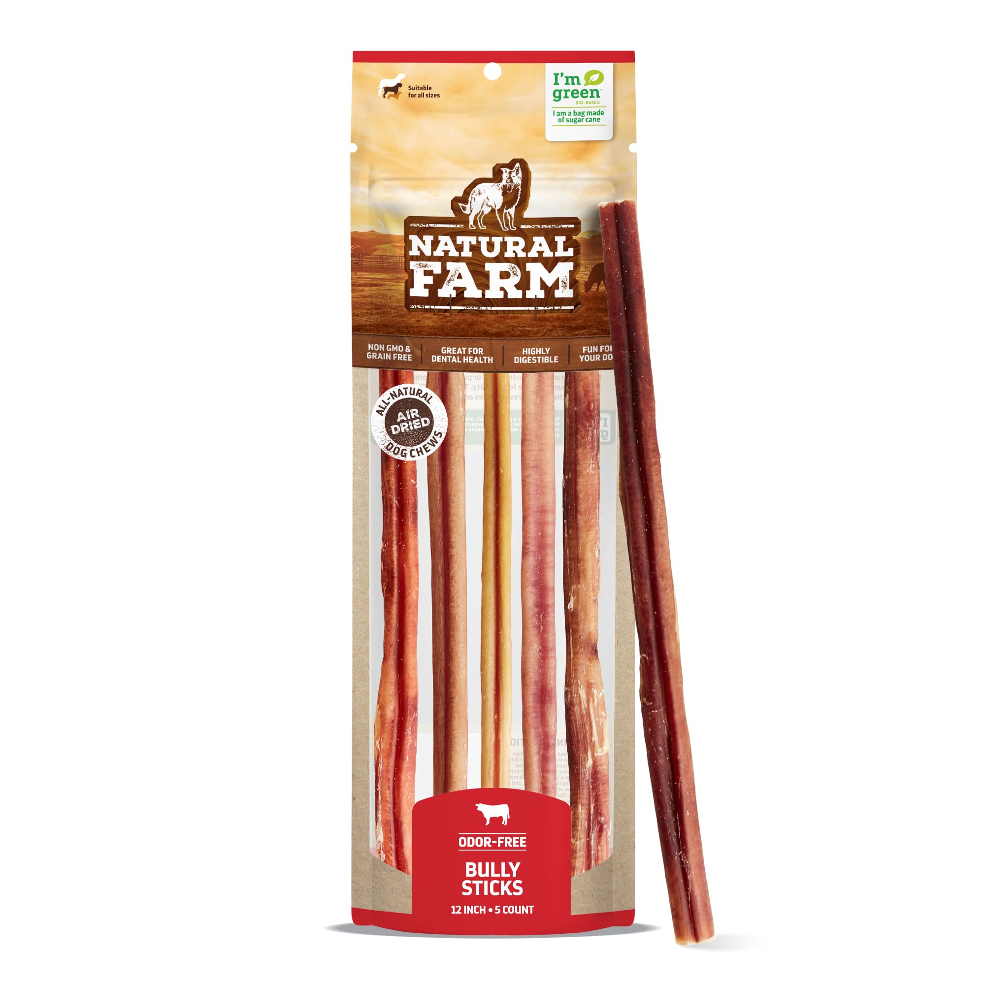 Natural Farm Bully Sticks, Odor-Free (12 Inch, 5 Count), 8.8 Oz. Per Bag, 100% Beef Chews, Grass-Fed, Non-GMO, Fully Digestible 