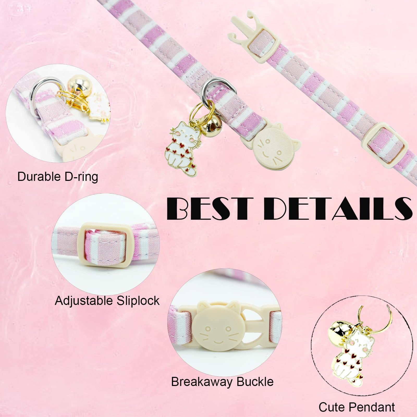 Elegant Little Tail 2 Pack Cat Collar-Pink Strip Cotton Breakaway Cat Collars With Bell Pendant Kitten For Girl Safety Adjustabl