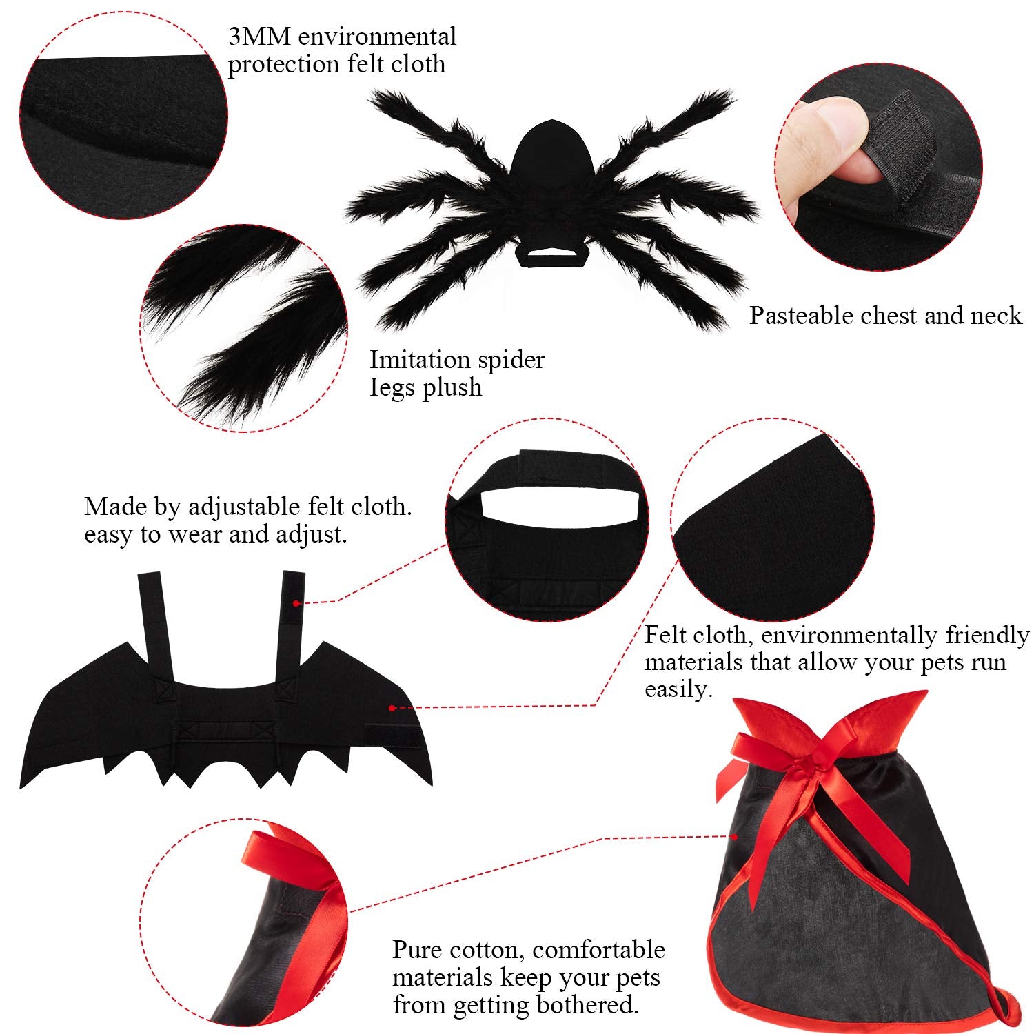 3 Piece Halloween Cat Dog Costume Set, Pet Bat Witch Vampire Cloak Giant Imitation Pet Spider Pets Costume Cosplay Accessories Halloween Pets Decoration For Dogs Puppy Cats (Red, S)