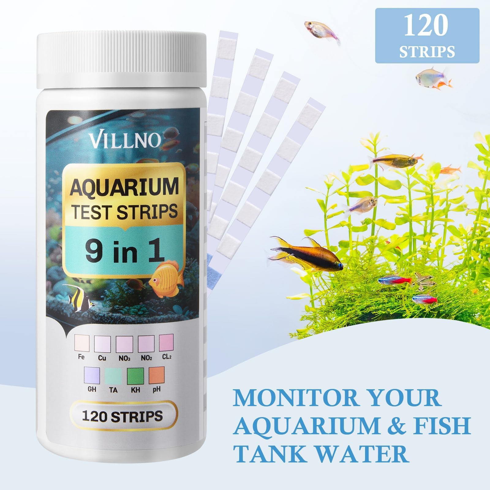 VILLNO Aquarium Test Strips 9-in-1, 120 Strips Aquarium Water Testing Kit, Quick & Accurate Water Testing for Freshwater & Saltw