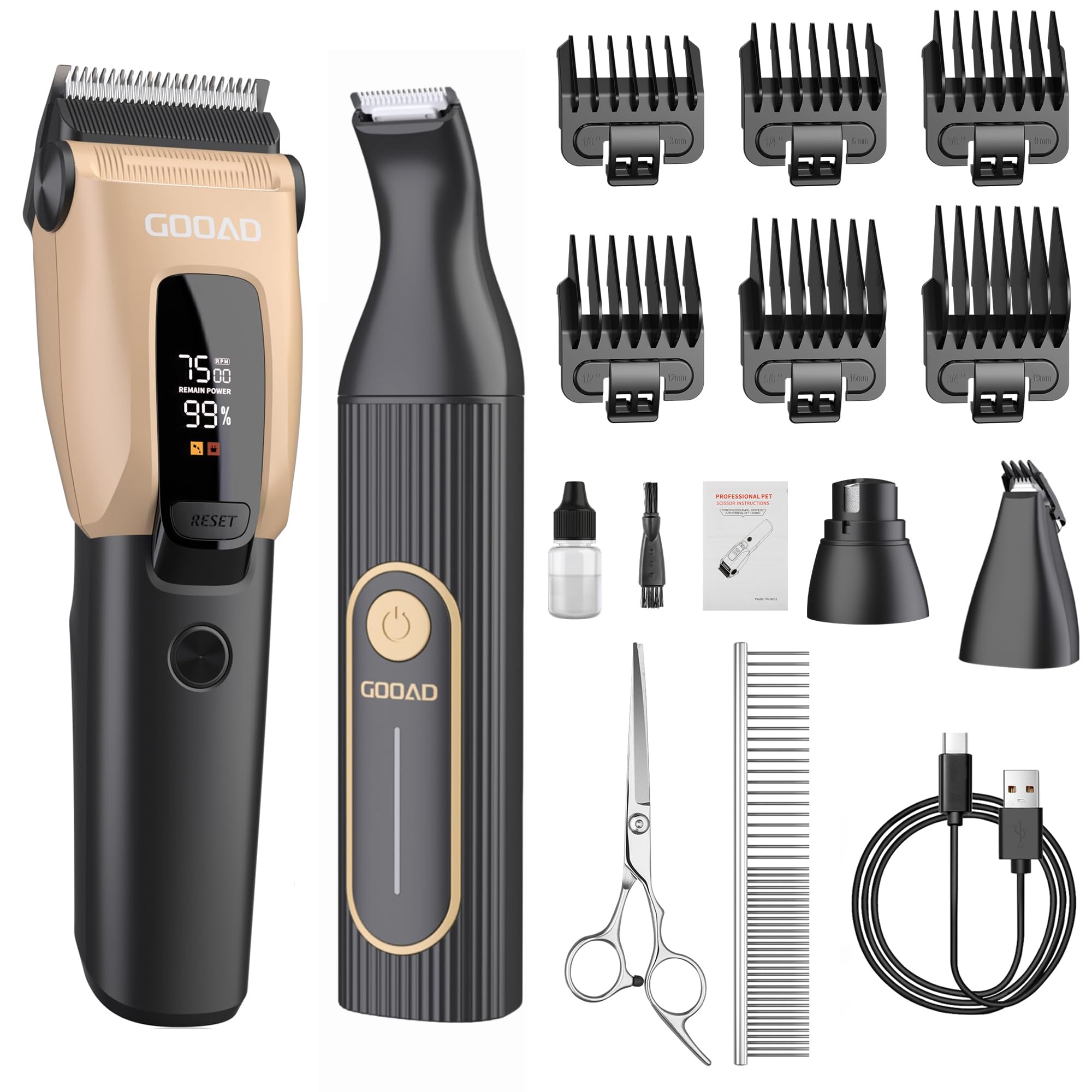 Gooad Dog Clippers For Grooming For Heavy Thick Hair&Coats,7500Rpm Low Noise Dog Hair Trimmer,Rechargeable Cordless Pet Shaver, 