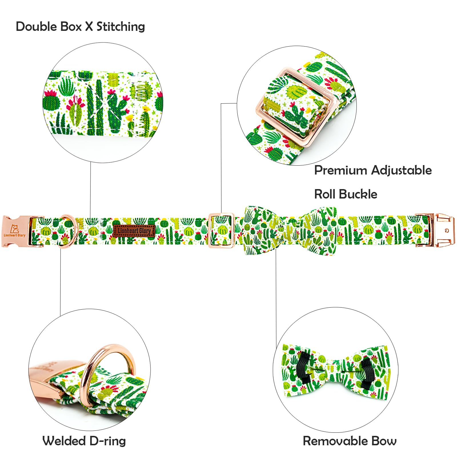 Lionheart Glory Dog Bow Collar Green Cactus Print Collars For Large Dogs,Spring Summer Cute Dog Collar With Bowtie Pet Collars B