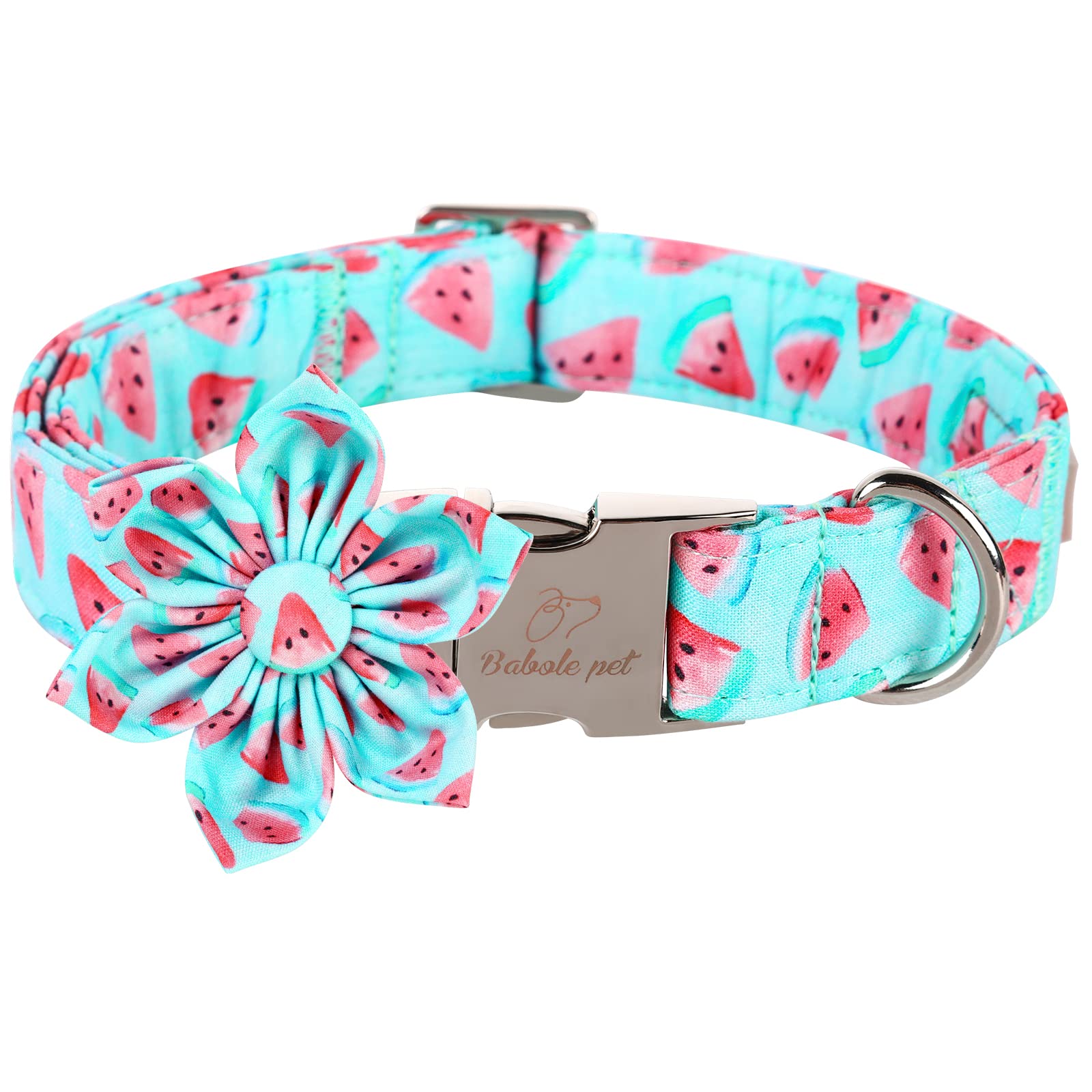 Babole Pet Dog Collar With Blue Watermelon Flower Tie,Cotton Dog Collar With Safety Metal Buckle Adjustable Puppy Collars For Small Medium Large Boy&Girl Dog,X-Small,Neck 8'-12'