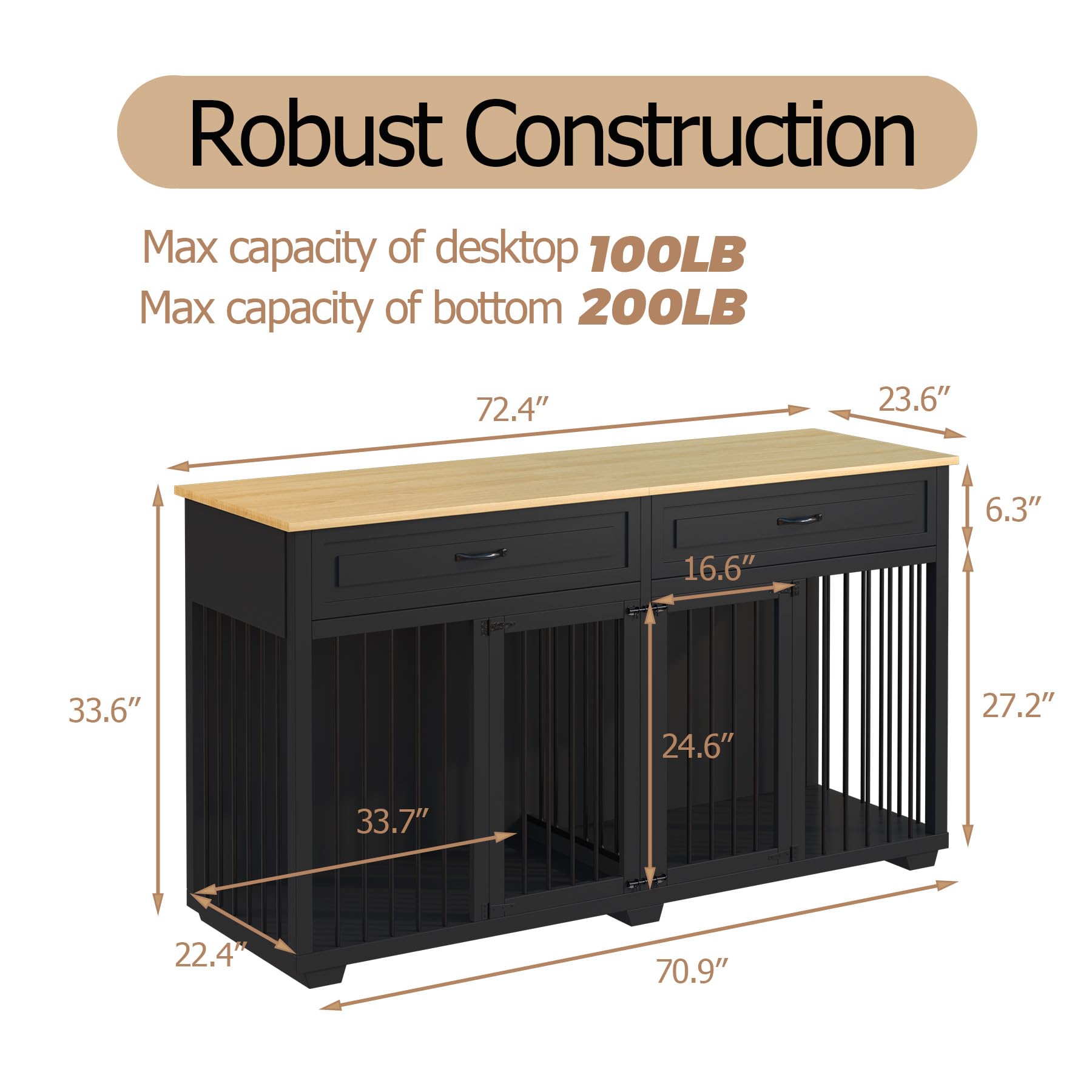 DAWNSPACES Dog Crate Furniture, 72 Inch Heavy Duty Wooden Large Dog Kennel with Drawers & Divider, Indoor Furniture Style Dog Cr
