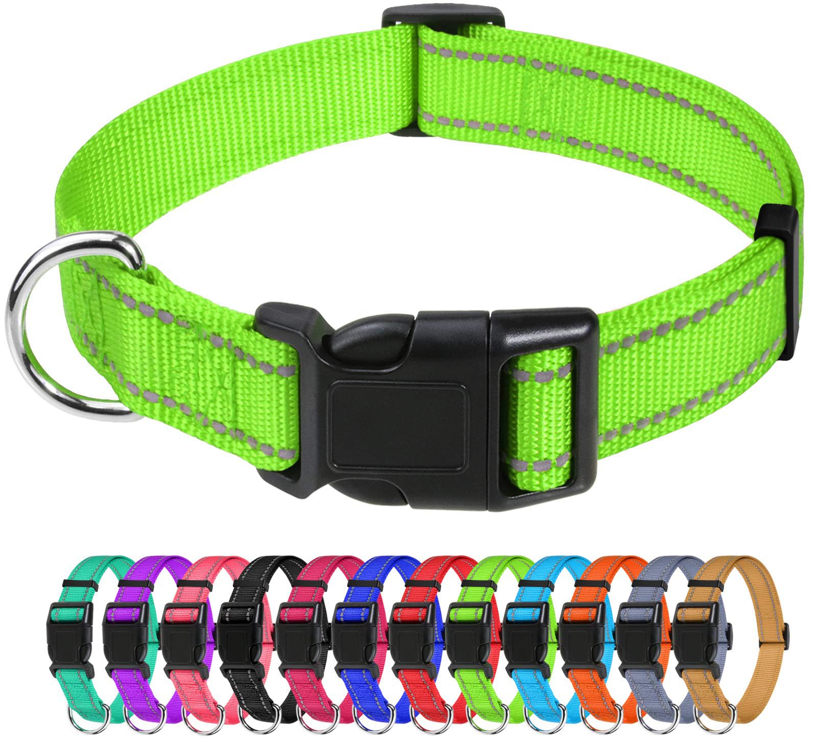 Tagme Reflective Nylon Dog Collars, Adjustable Classic Dog Collar With Quick Release Buckle For Extra Large Dogs, Green, 1'' Wid