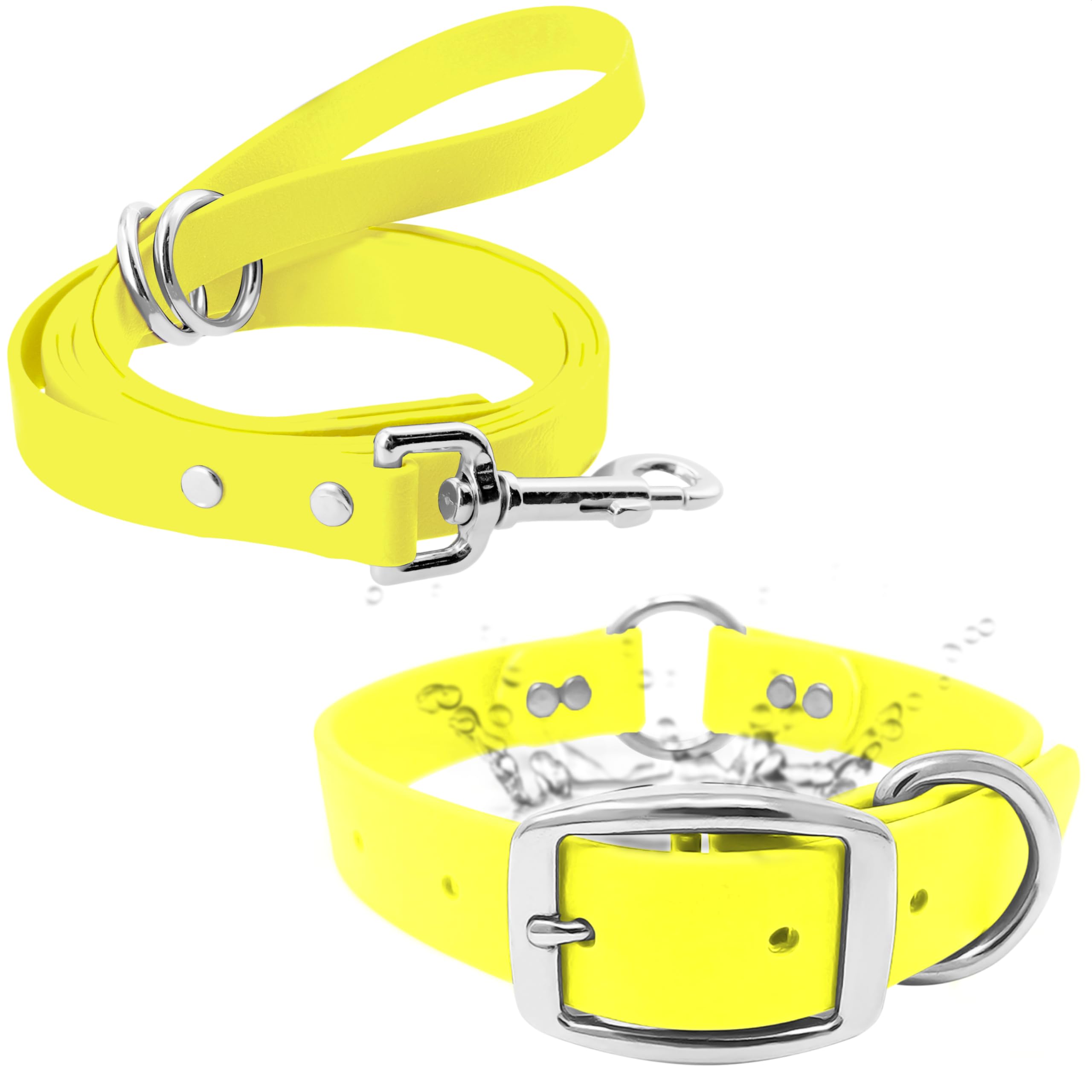 Regal Dog Products Small Yellow Waterproof Dog Collar And Leash Set - Vinyl Coated, Biothane Puppy Pet Training Collar With Heav