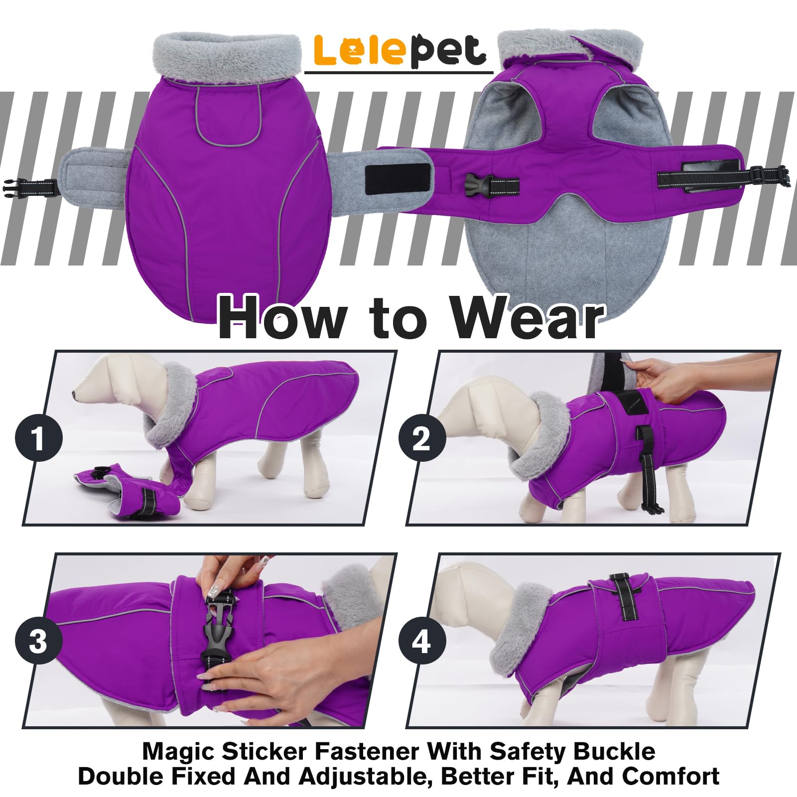 LeLePet Warm Dog Fleece Vest - Waterproof & Windproof Winter Coat, Size M, Purple, Polyester