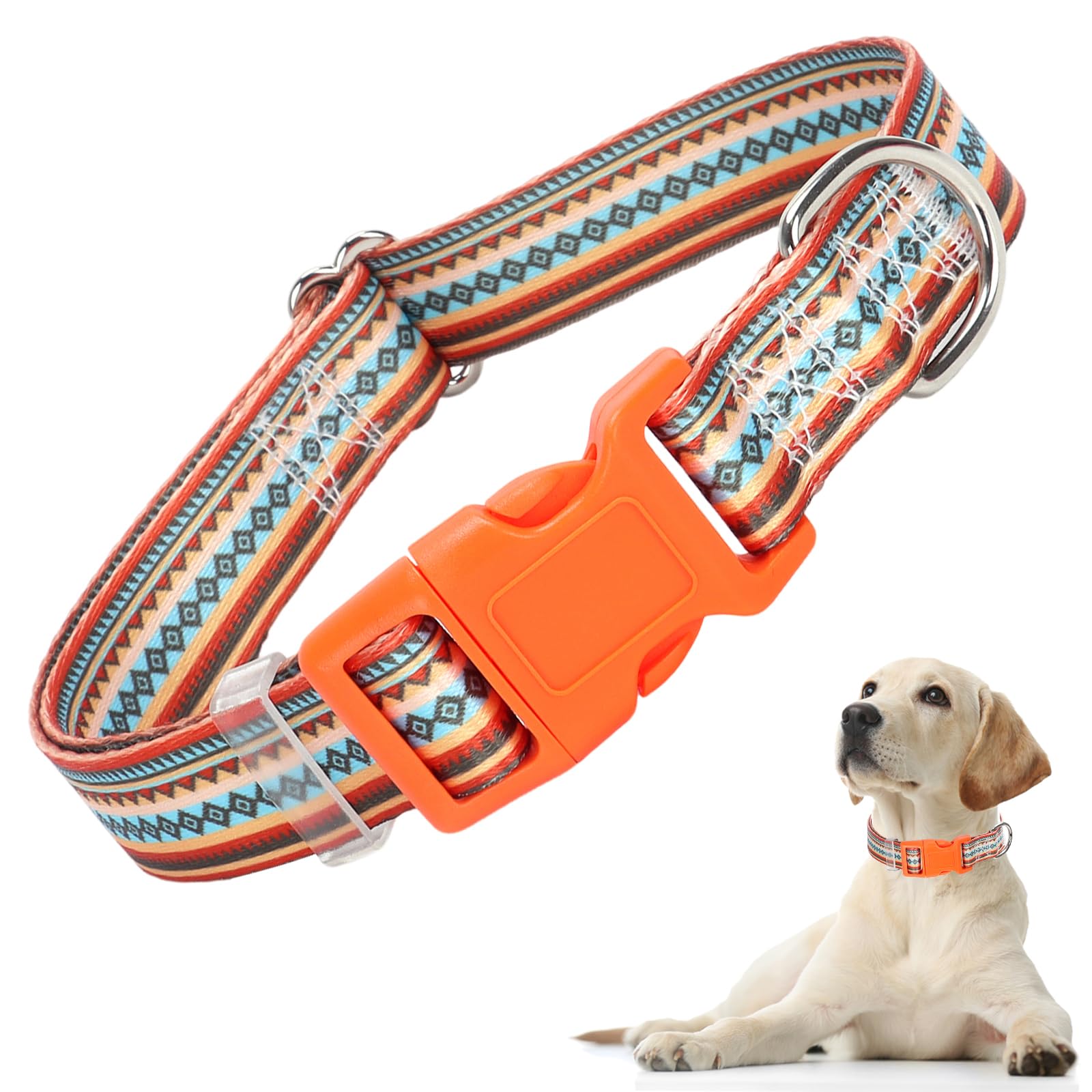 Dog Collar For Puppy Small Dogs, Orange Dog Collar With Tribal Ethnic Aztec Patterns, Adjustable Safety Nylon Dog Collars Buckle