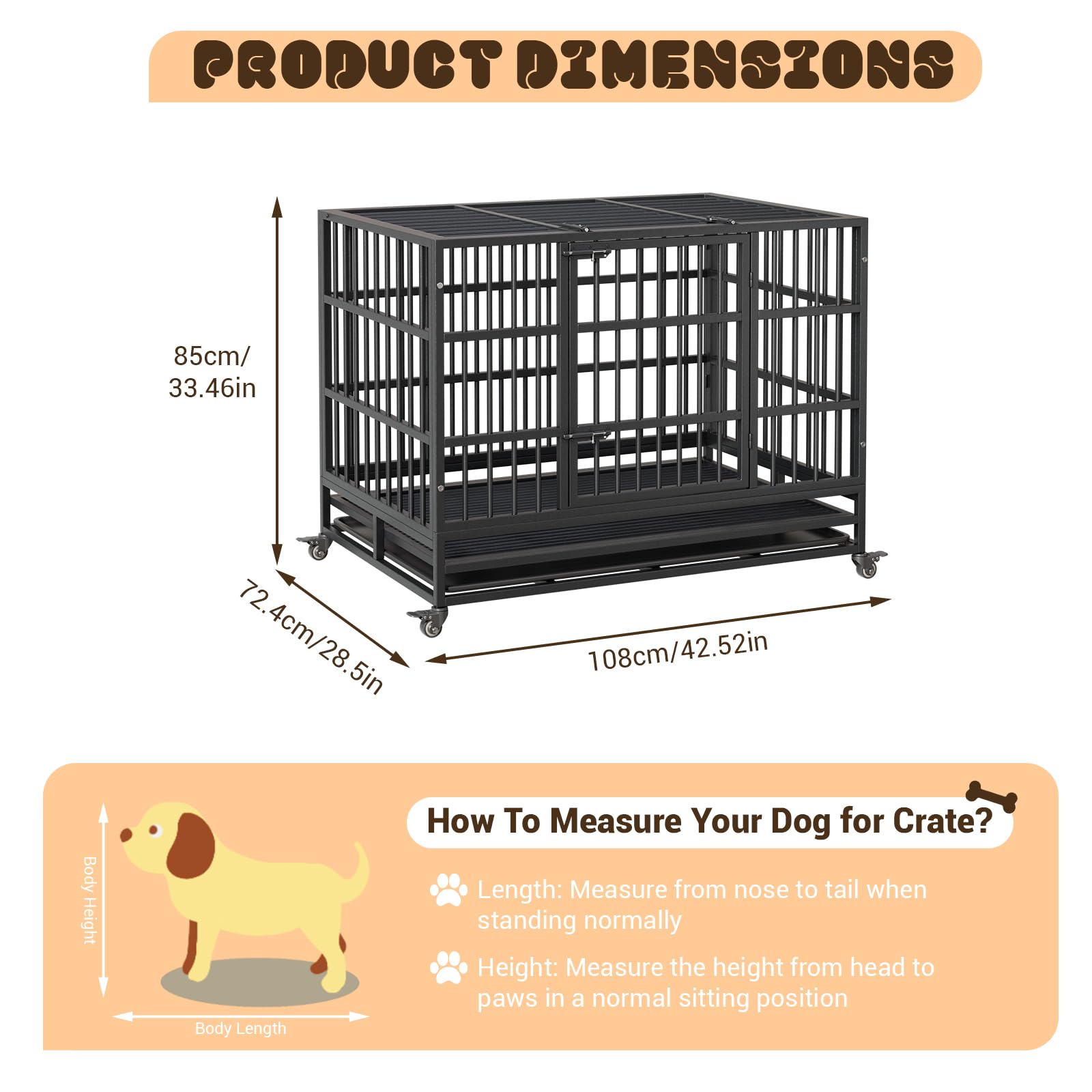 Heavy Duty Dog Crate, 42.5 Inch Indoor Dog Crate with Double Door, 360 Lockable Wheels and Removable Tray, Easy to Assembly,for
