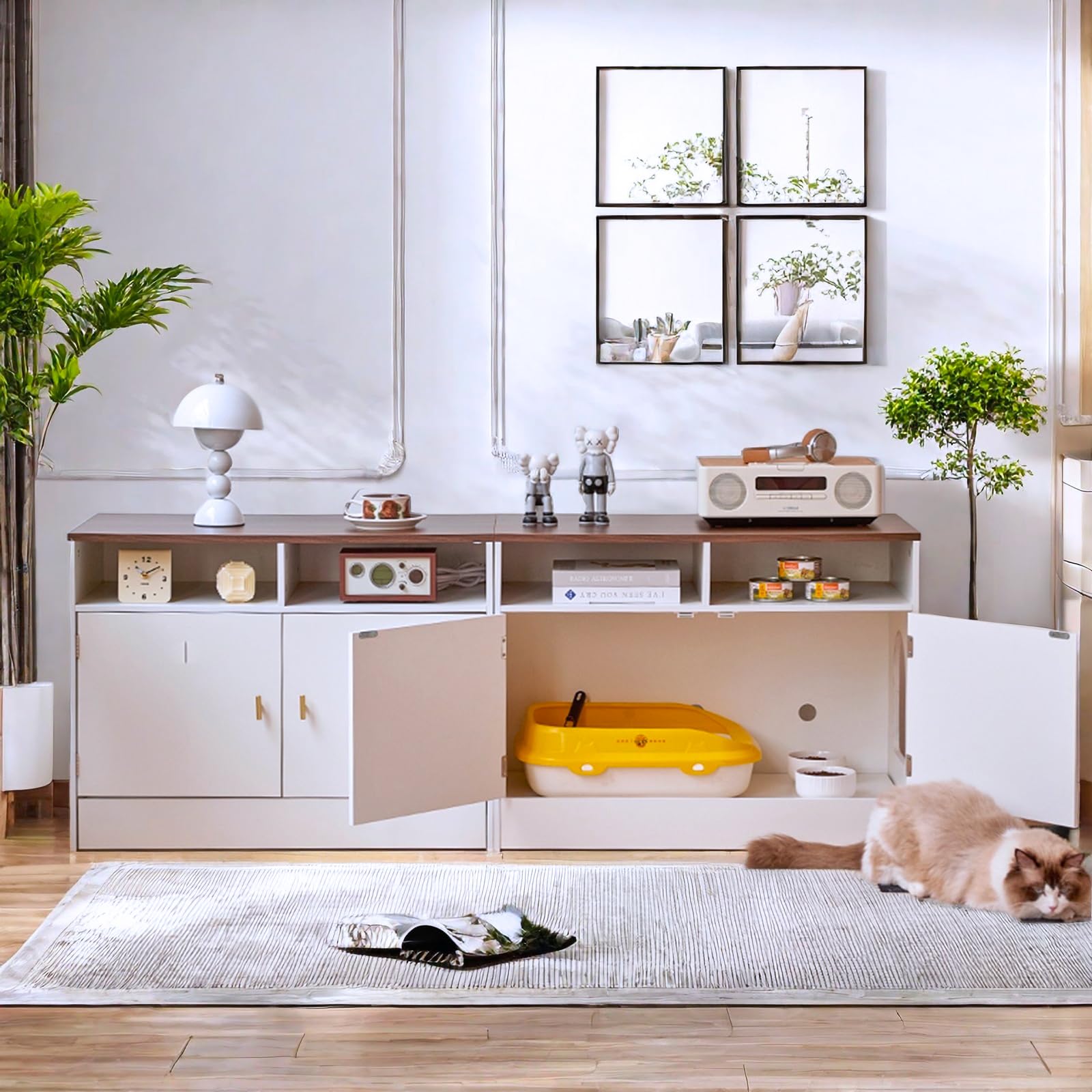 Janflyhome Double Cat Litter Box Enclosure For 2 Cats, 63' Wooden Hidden Cat Litter Box Furniture With Power Outlet, Sliding Bo