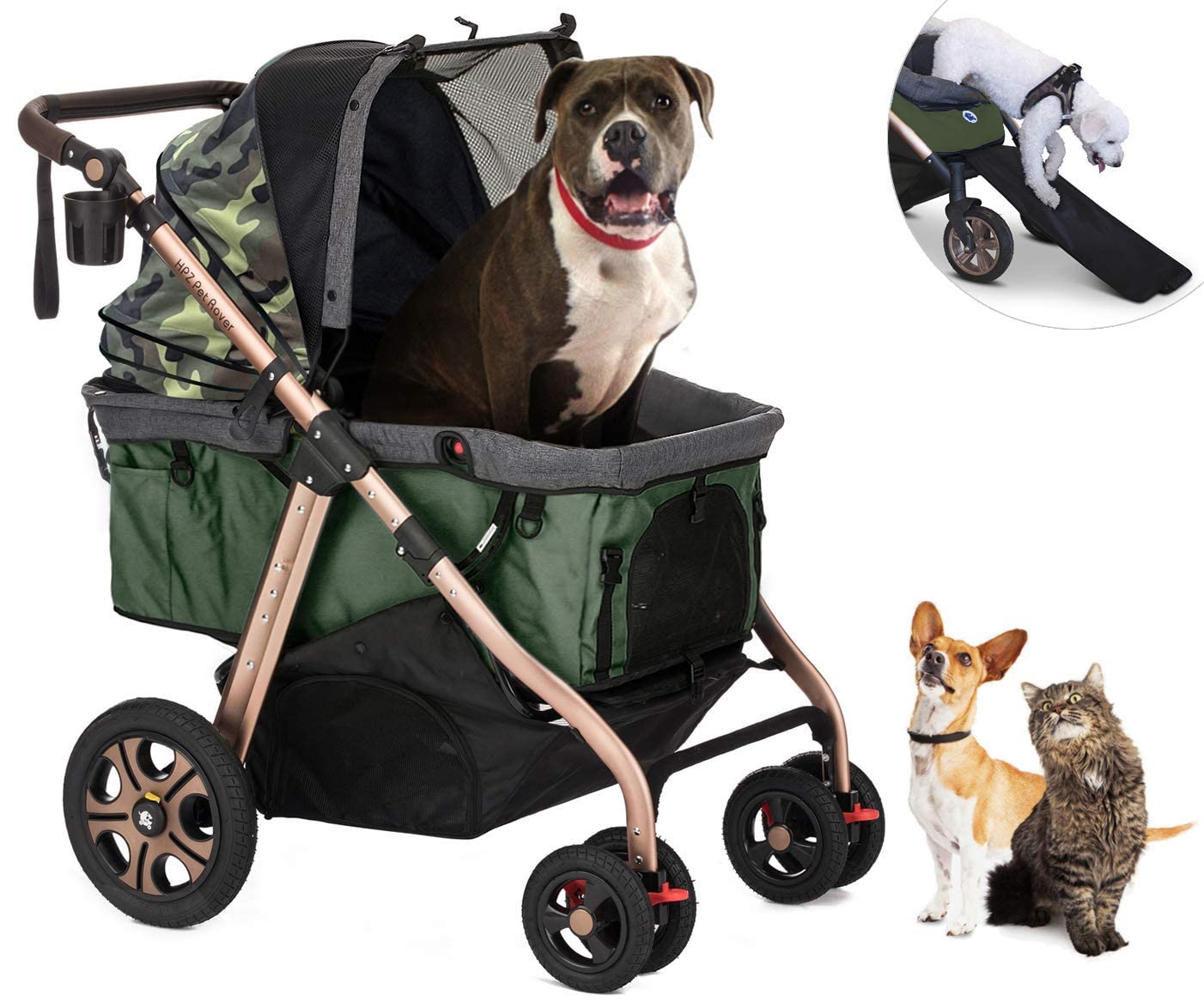 Hpz Pet Rover Titan-Hd Premium Super-Sized Dog/Cat/Pet Stroller Suv Travel Carriage/W Access Ramp/100Lbs Capacity/Pumpless Rubber Wheels/Aluminum Frame For Small, Med, Large, Xl Pets (Green Camo)