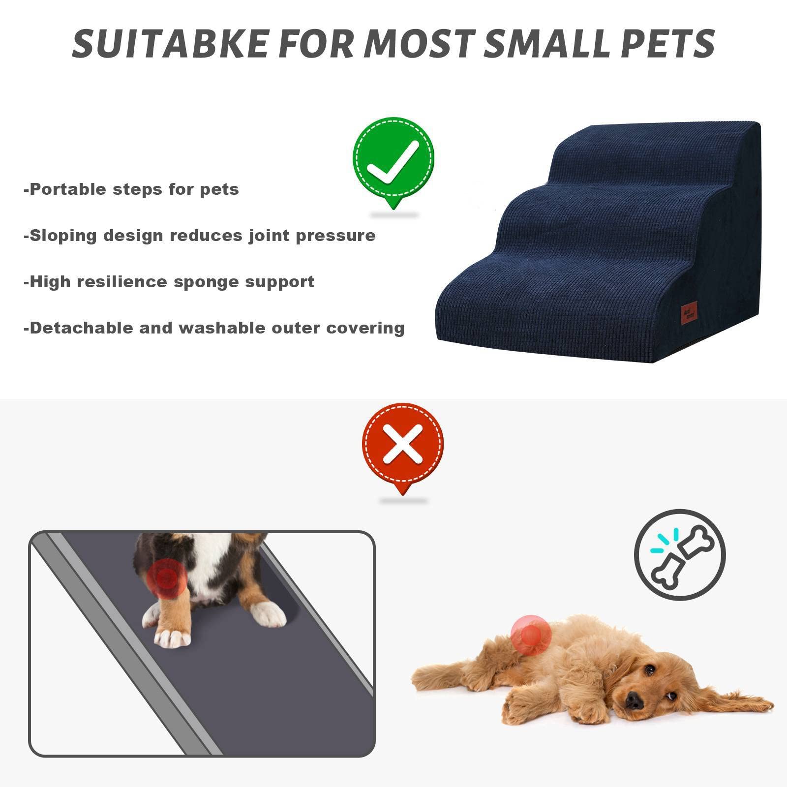 Dog Stairs And Steps For Beds Or Couches, 3-Step Pet Stairs & Steps For Small Dogs And Cats, Soft And Non-Slip Dog Ramp For Olde