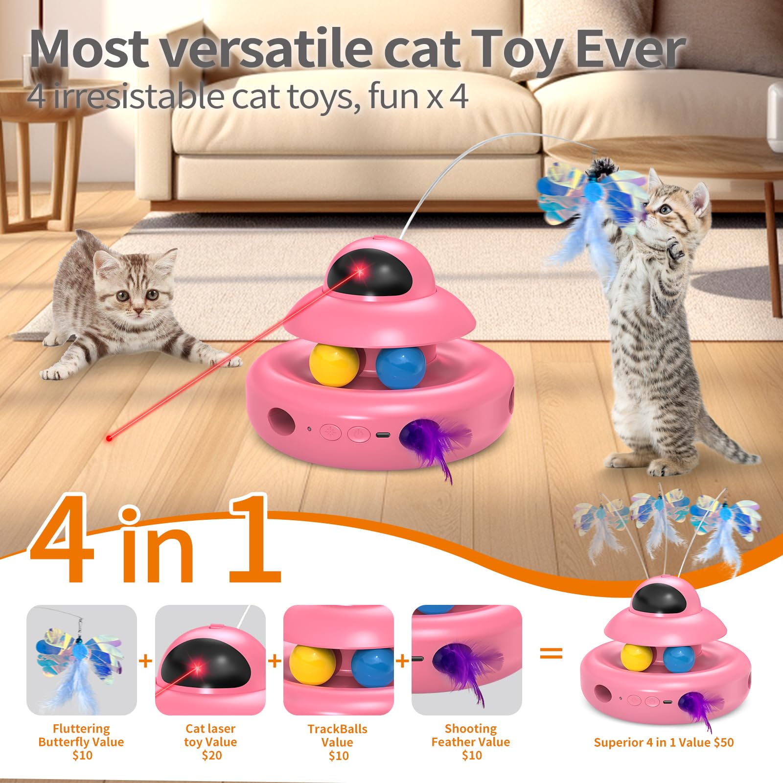Mohaya Automatic Cat Toys,4-In-1 Interactivecat Toys For Bored Indoor Adult Cats, Electric Flying Butterfly,Rechargeable Moving