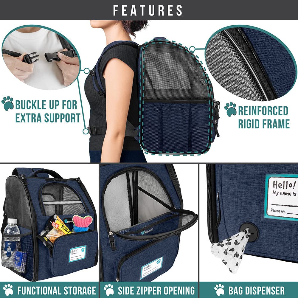 PetAmi Dog Cat Backpack Carrier, Expandable Pet Carrier Backpack for Travel Hiking, Small Medium Dog Puppy Large Cat Carrying Backpack, Airline Approved Ventilated Soft Back Support, 18 lbs, Navy -Like New