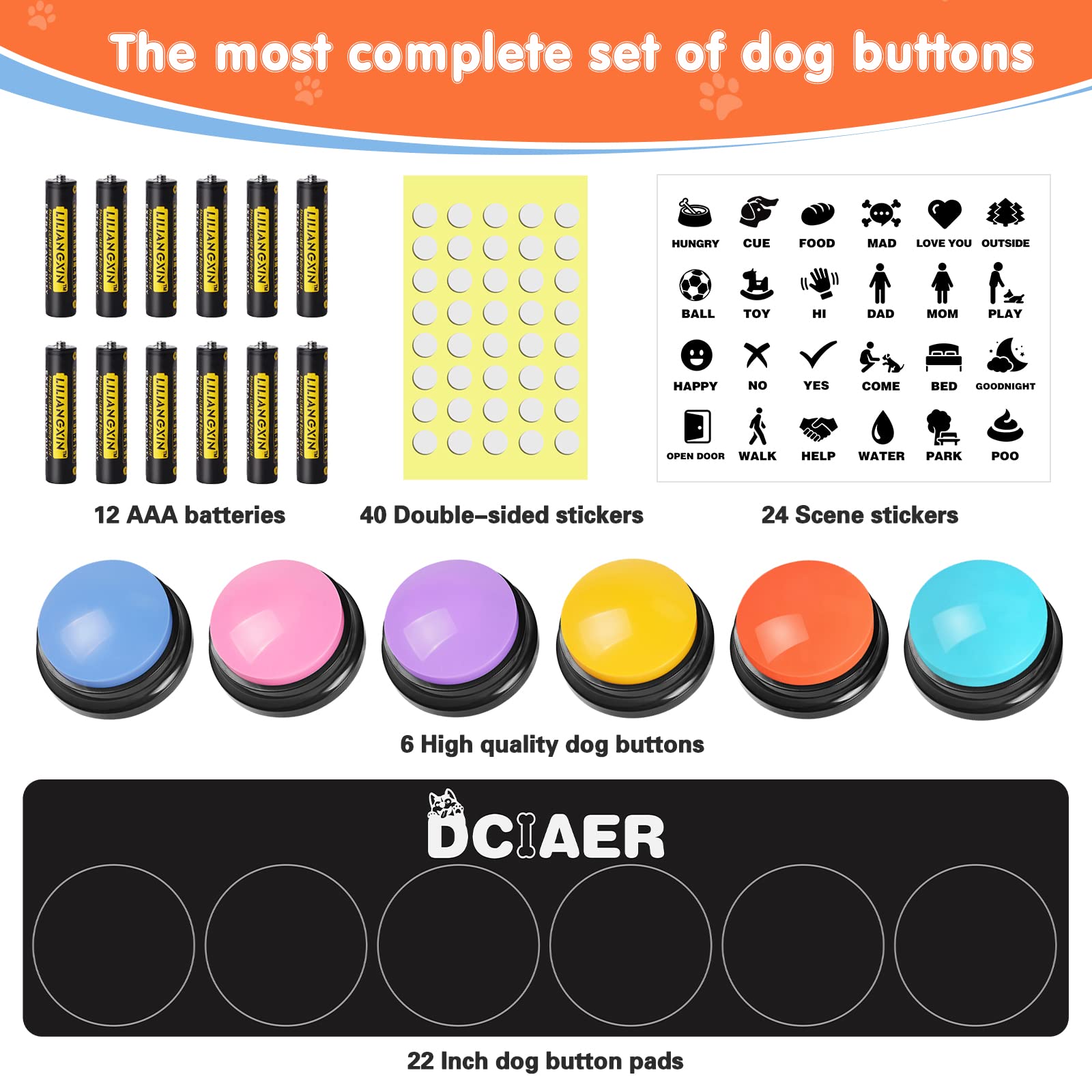 DCIAER Talking Buttons for Dogs - 6 Recordable Sound Buttons, 24 Scene Patterns, 1 Mat, 12 AAA Batteries - Pet Training Toy