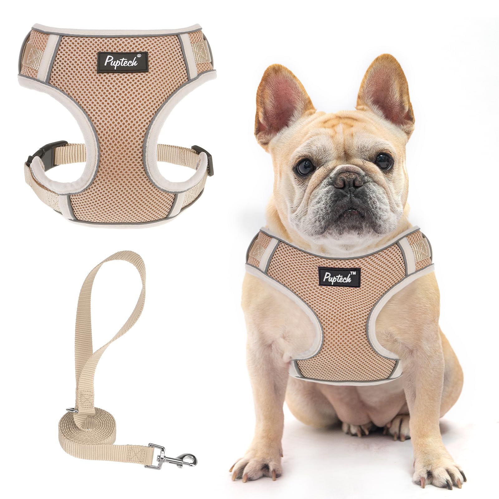 Pupteck Dog Harness And Leash Set For Small Medium Dogs No Pull, Soft Mesh Adjustable Puppy Cat Harness Reflective At Night, Kha