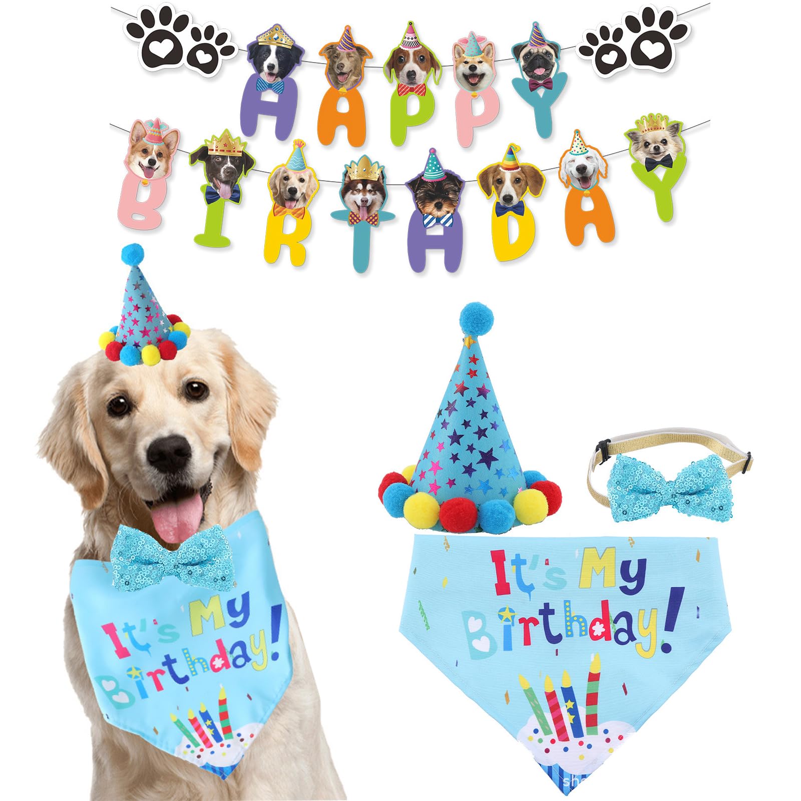 Agirlvct Dog Boy Birthday Party Supplies,Birthday Hat,Bow Tie, Bandana, Banner,Puppy Pet Theme Birthday Decorations Suit for Gol