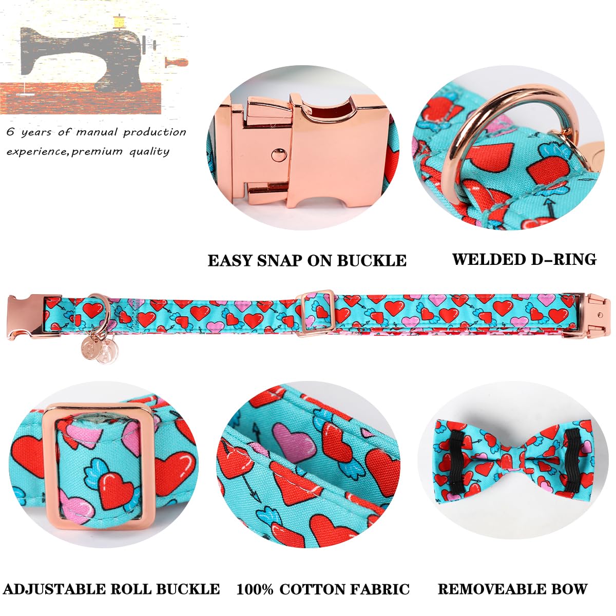 Dogwong Valentine Dog Collar With Bow, Blue Heart, Soft Cotton, Perfect Fit For Small Dogs
